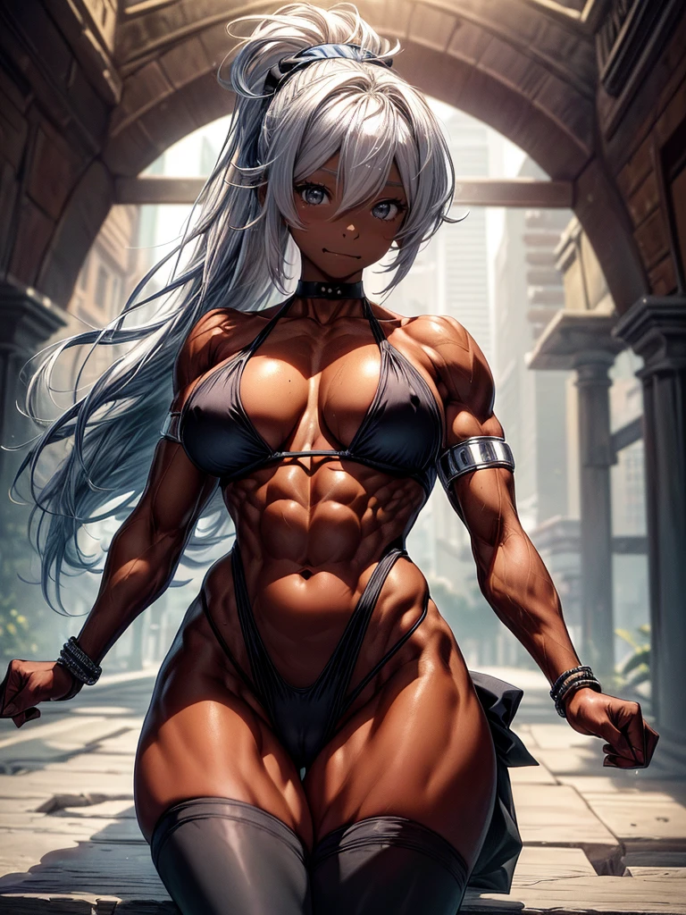 (1 girl),young face,(:1.2),(nipple,camel toe),(very cute:1.5), (blue eyes),(black skin:1.5),(silver hair,ponytail),(micro bikini,armlet,choker,T-back:1.2),(Abs 1.8), (muscular:1.5),wide hips, (very big breasts:1.3), (thick thighs), looking at the viewer, sitting, in the garden, slim, thin, looking at the viewer, (masterpiece), (highest quality,8k:1.2), disorganized, intricate details, (very detailed肌:1.2), Beautiful woman, highest quality, (masterpiece:1.3), closed mouth, looking at the viewer,(very detailed顔:1.3), perfect face, lip whole,
Base Negative 2.0,,jewelry,(very detailed静脈体,very detailed（vein muscles):1.2)),beautiful breasts,Strong leg muscles、(bodybuilder:1.3)、(strong brown skin:1.3)、(There are bulging veins all over the body.:1.2),Very precise５real finger