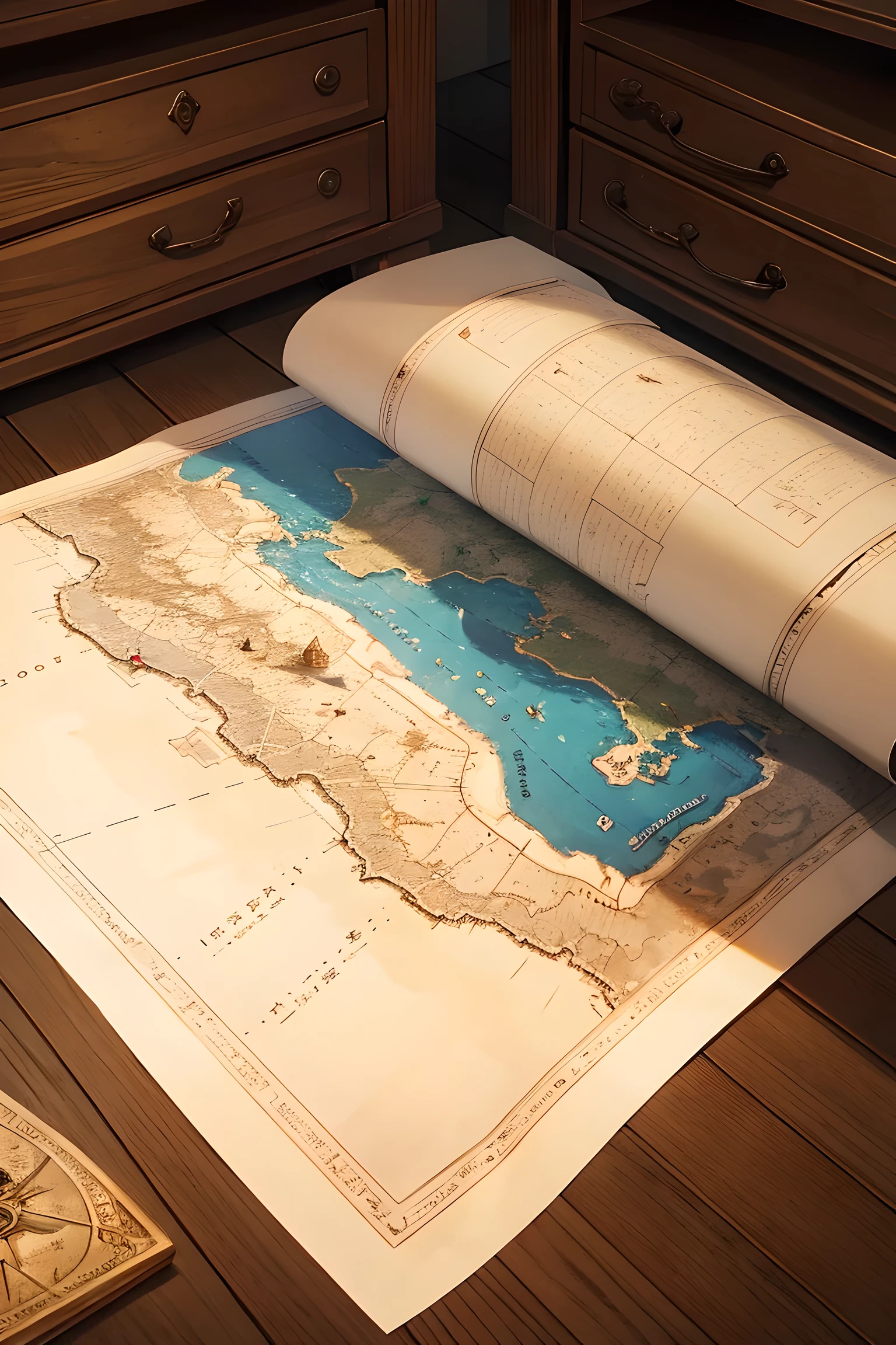 best quality,masterpiece,Mysterious treasure map,Detailed map,clear map,HD sea route map,Treasure location marked,route,