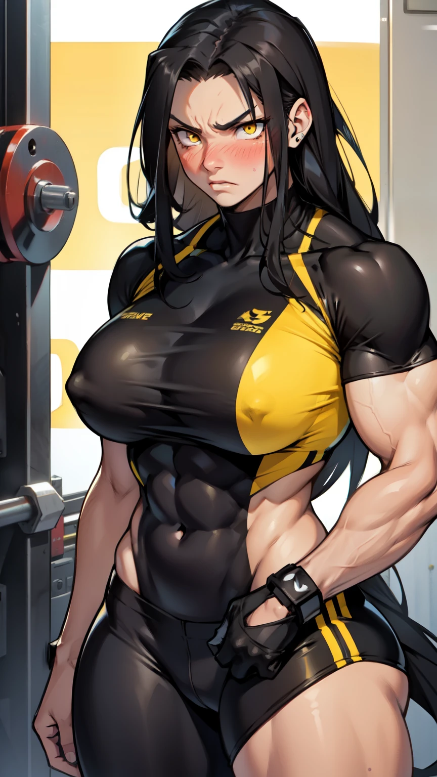 girl huge breasts bodybuilder muscular toned body pale skin black hair very long hair yellow eyes angry (blushing embarrassed)