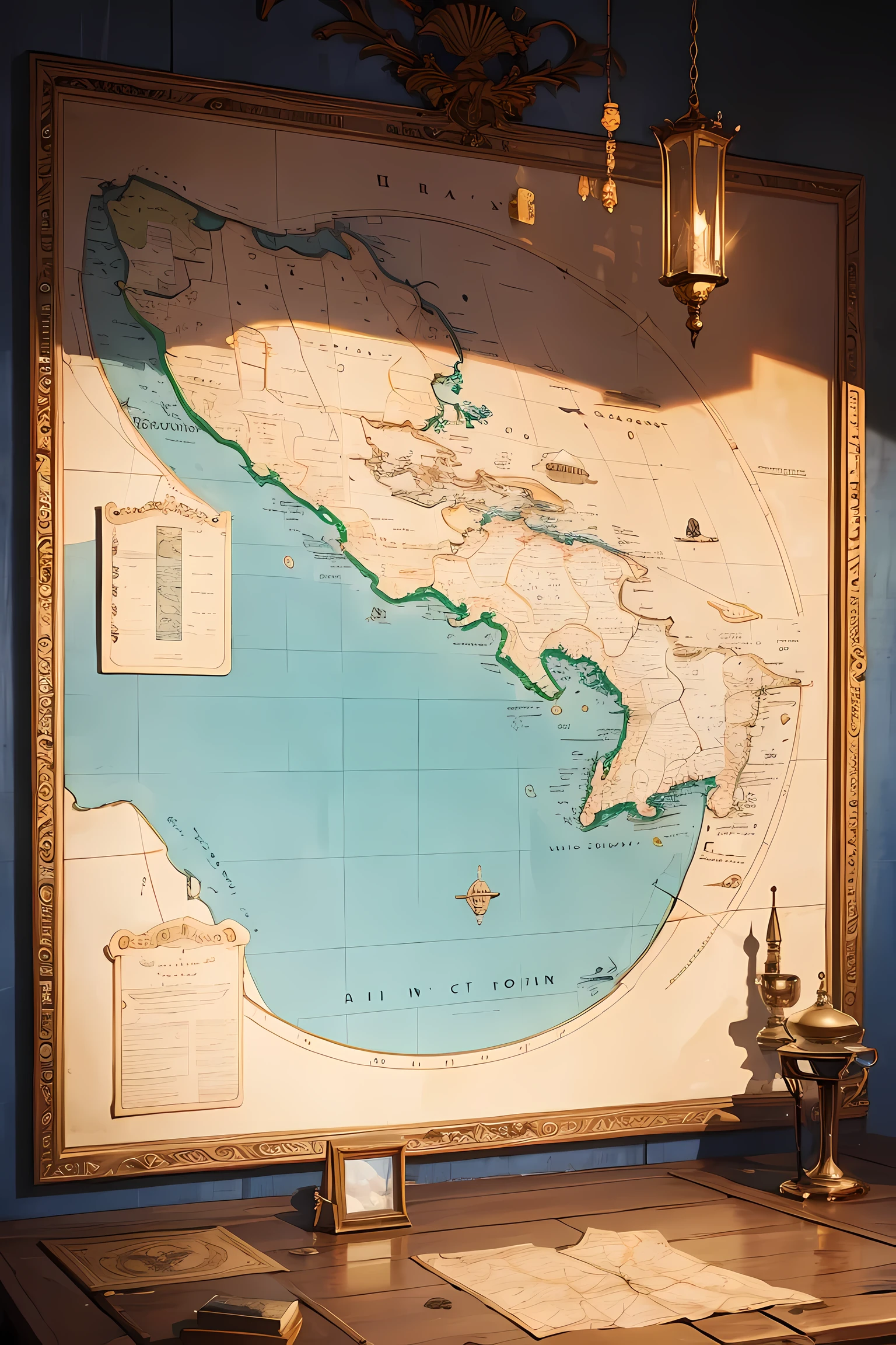 best quality，masterpiece，Mysterious treasure map，Detailed map，clear map，HD sea route map，Treasure location marked，route，