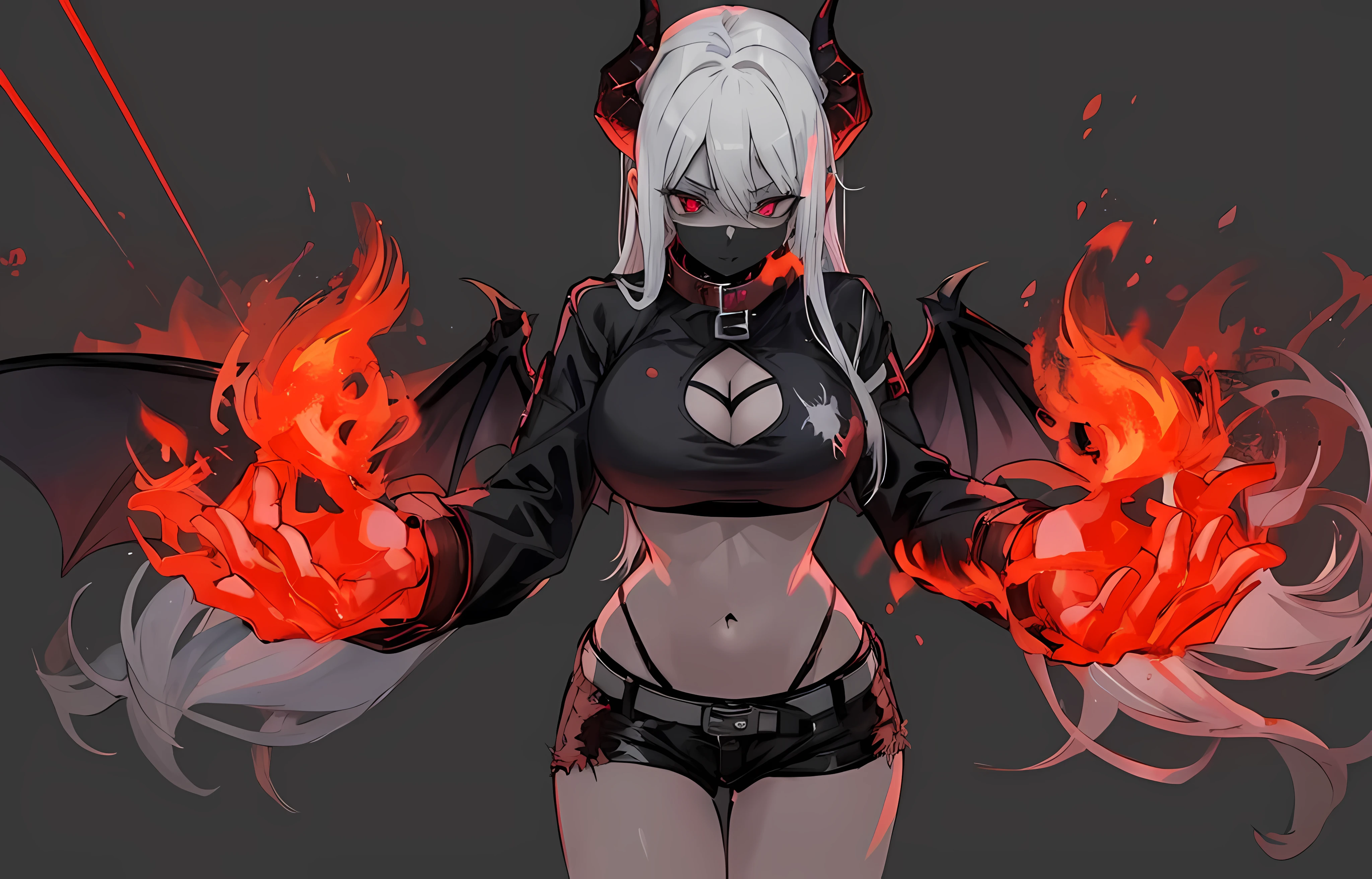 1 girl with fire on both her hands, long white hair, ((demonic horn)), wearing black collar, (black crop top), laced underwear, very short black pants, black belt, her eyes are on fire, inferno skin, demon girl, black bat wings, plain grey background, (big breast), exposed thighs