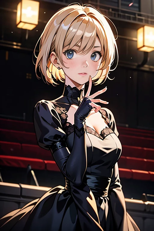 ultra realistic 8k,hyper hd,short hair girl,sweet,wearing a gorgeous sequin dress,realistic skin texture,Stand on a glamorous stage,Mike stand,band,normal facial details,Requires adjustment of body proportions and structure,I want normal finger details,have beautiful fingers,distinguish between left and right hand,expensive詳細、realistic、verism、contrast of light and dark、Depth of bounds written、cinematic lighting、motion blur、jpeg artifact、Filling the image、f/2.8、canon、texture skin,eye level photography、Bokeh、super detail、acura、best quality、High resolution、expensive詳細, expensive、expensive品質, 16k, master piece, UHD, 16k