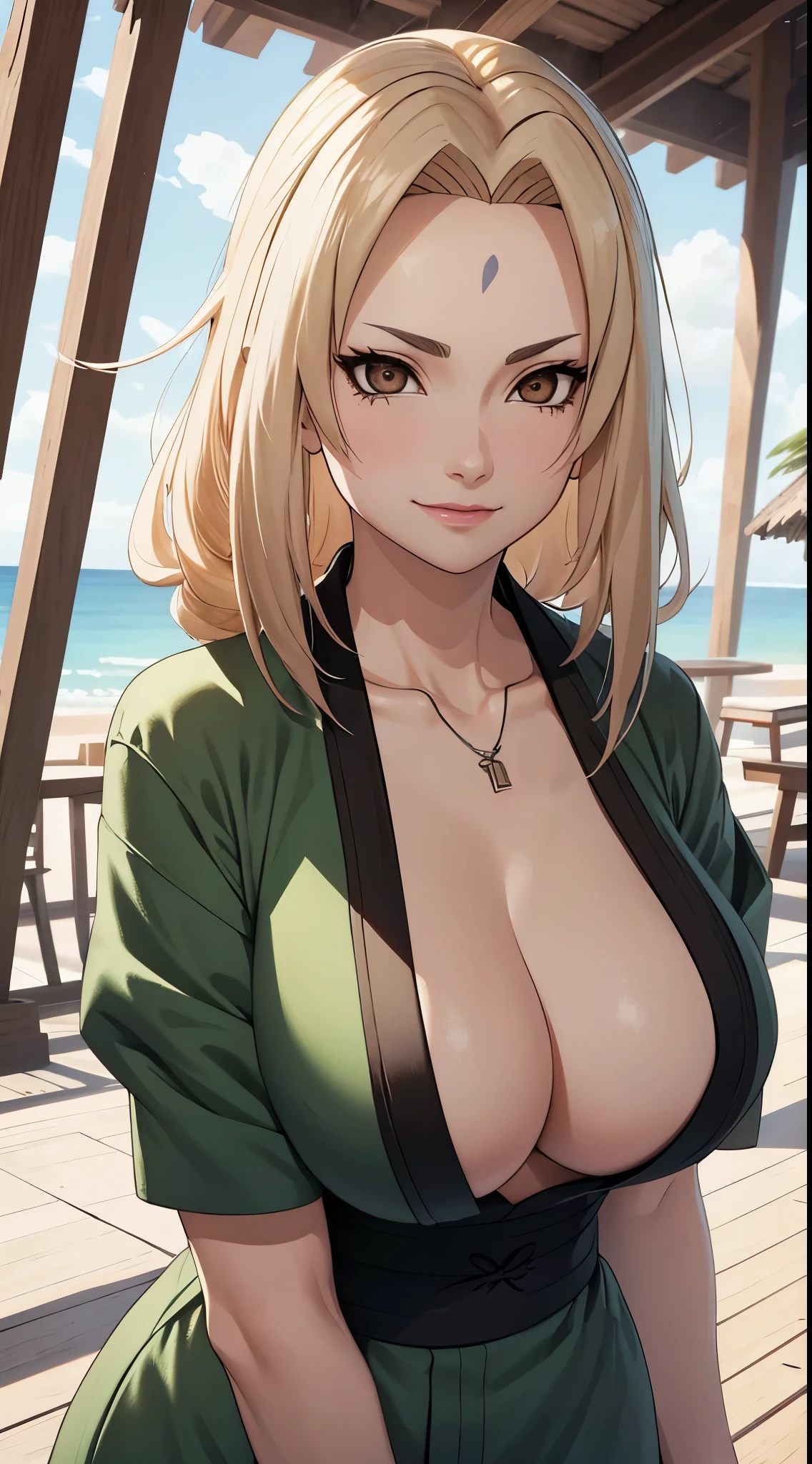 ((hue tits)) tsunade ((vestido apretado con hombreras descubiertas))((sexy))（obra maestra：1.3），pelo rubio，abrigo verde，ojos dorados，smile，pechos grandes ligeramente gordos，Estar rojo en la cara，la mejor calidad，el es muy detallado，Foto del busto，Get closer to the lens，SFW，Rostro delicado y hermoso，playa de mar，rayos de sol，baiyun，flying birds