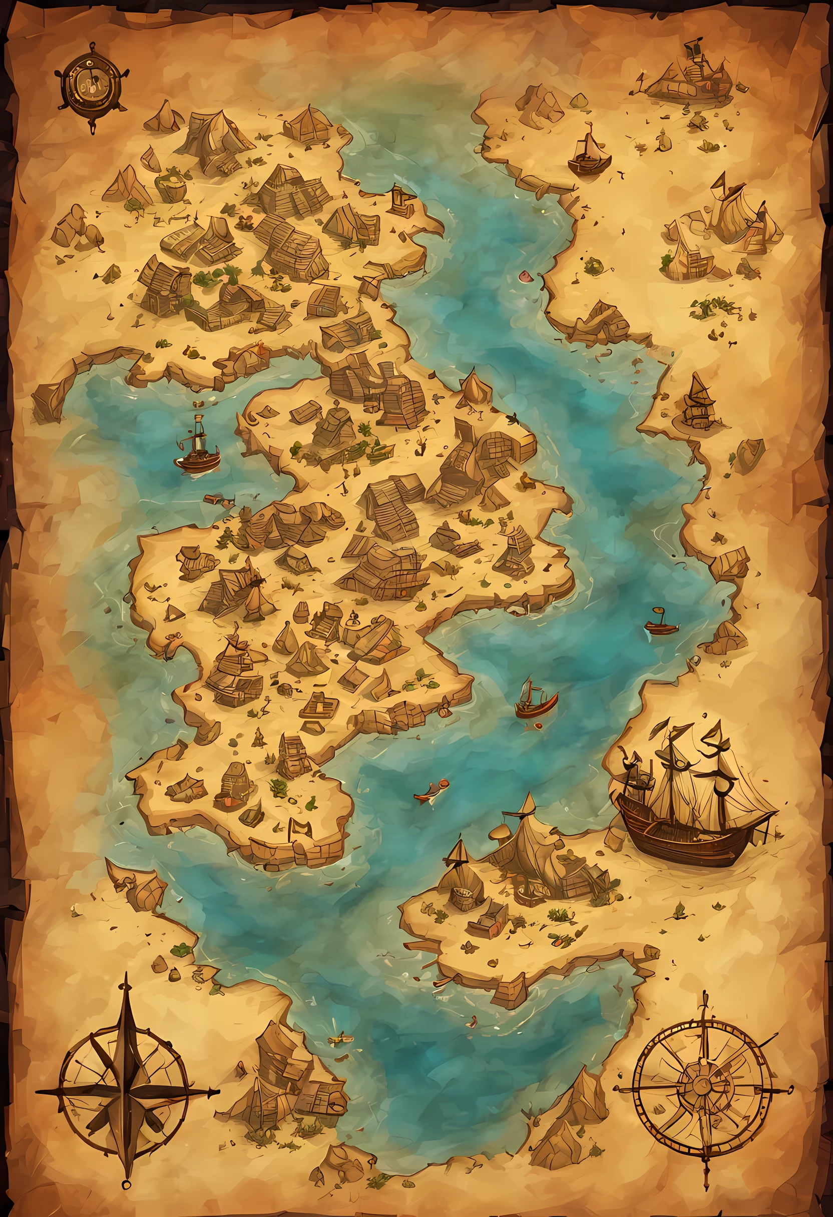 best quality,masterpiece,Mysterious treasure map,Detailed map,clear map,HD sea route map,Treasure location marked,route,