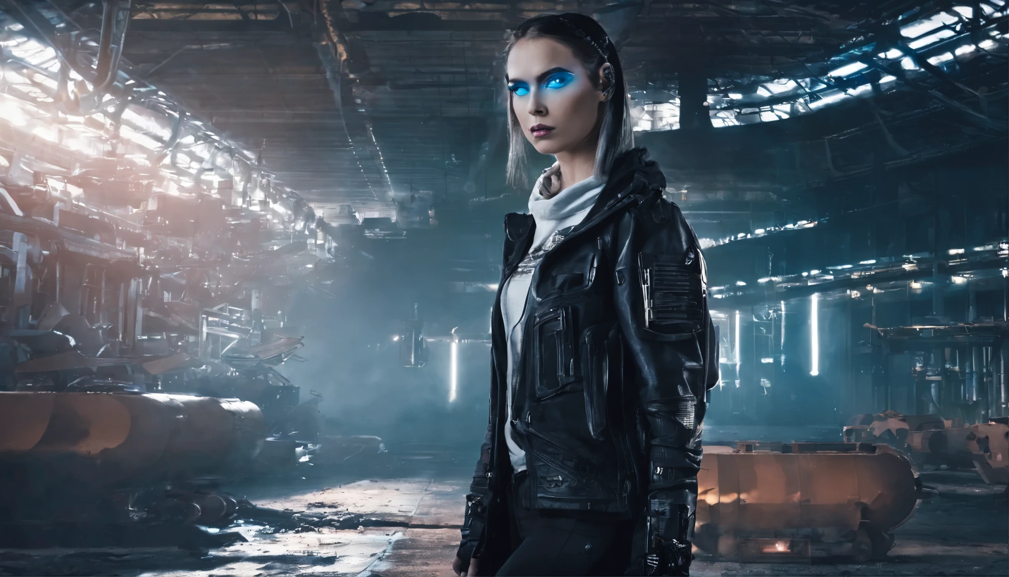 mulher ciborgue with goth makeup posing for a photo in the inside of an abandoned factory, cyberpunk aesthetic, mulher ciborgue, Dark Techno Aesthetics, Industrial Gothic Aesthetics, Trainee of an abandoned factory in the background, ultra detalhado, fotorrealista, obra de arte.