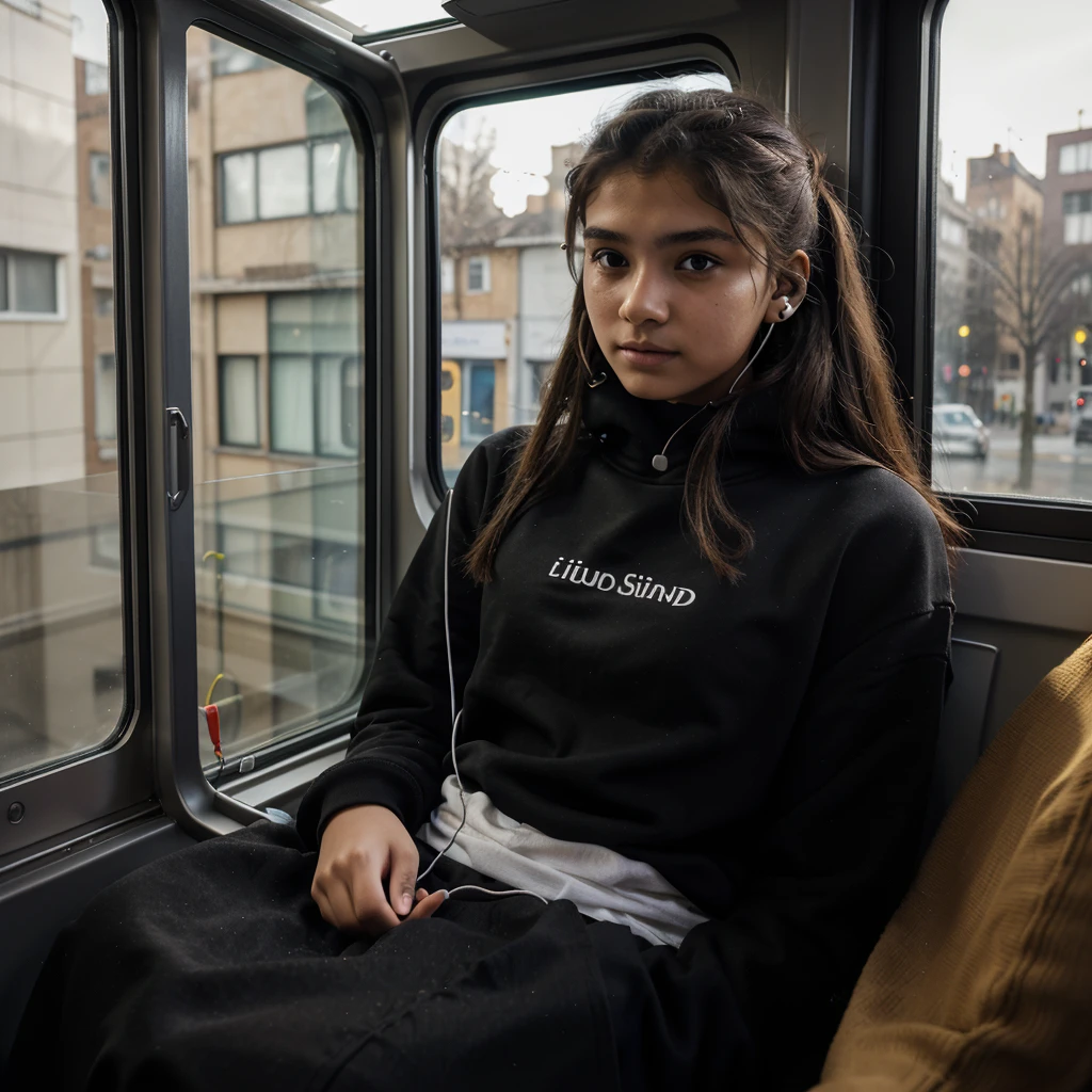 generate a 3D picture of a 17 years old teenager wearing a black sweatshirt listening to the music with wired earphones travelling in a metro looking outside through the window happily and a beautiful 17 year old girl wearing a traditional kurta sitting in the front seat happily by listening to the music with wired earphones and looking outside through the window