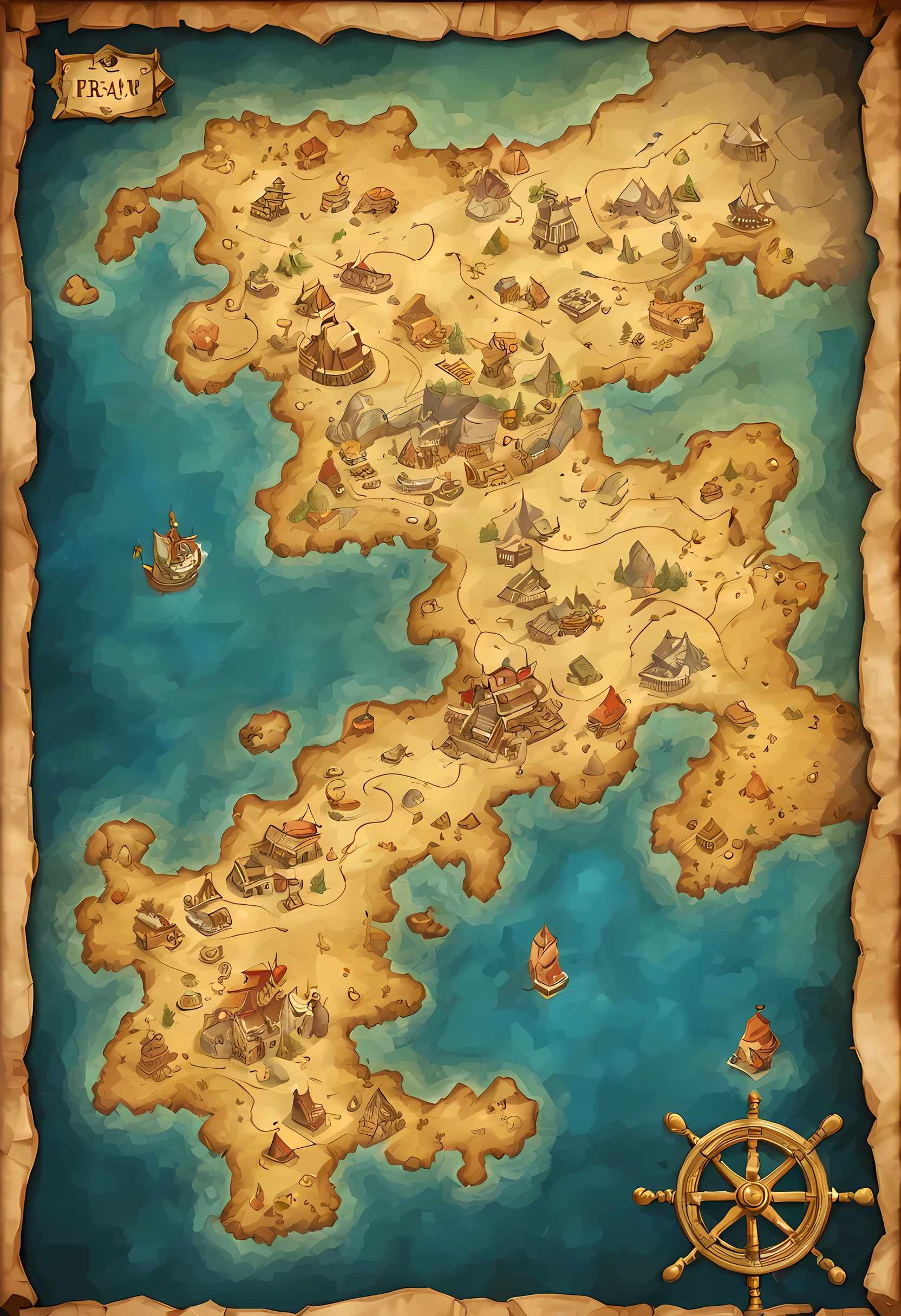 best quality，masterpiece，Mysterious treasure map，Detailed map，clear map，HD sea route map，Treasure location marked，route，