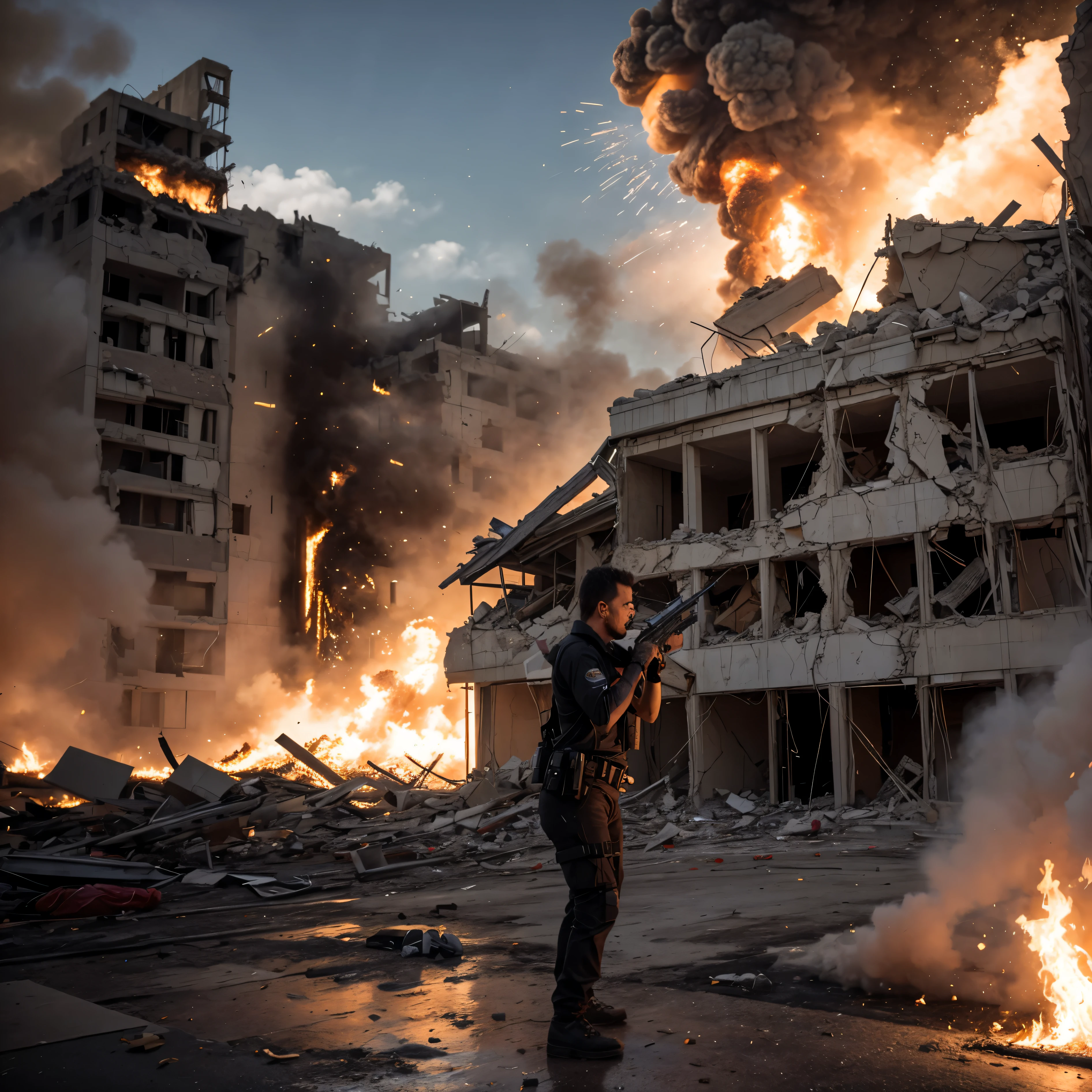 ((best quality)), ((masterpiece)), (detailed), perfect face, dramatic scene, explosion, burning, special agent well styled action aiming a gun, splash, scattered, ripped, syrian building