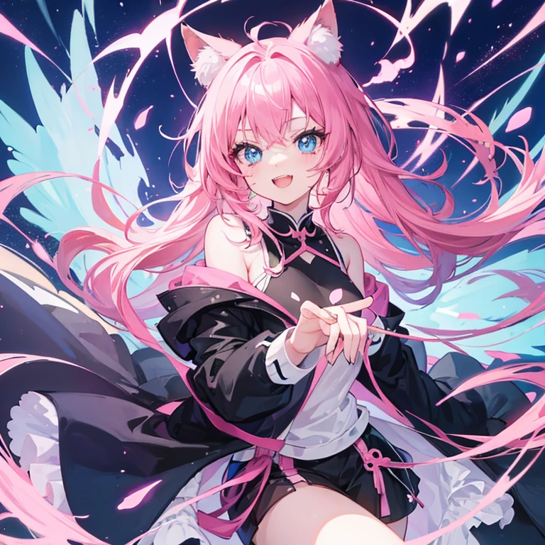 Very cute female anime half human cat, black and pink hair , blue eyes, beautiful background. Laughing