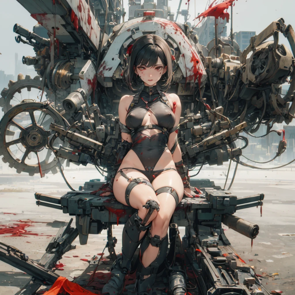 (obra de arte, maximum quality, melhor qualidade, arte oficial, beautiful and aesthetic:1.2), (mamilos) (1 garota:1.3), extremamente detalhado,colorida,mais detalhado ((ultra-detalhado)), (highly detailed CG illustration), ((extremamente delicado e lindo)),cinematic light,((1 Mechanics)),Sozinho,corpo todo,Real breasts,Real ,(machine made joints:1.2),((mechanical limsangue vessels connected to tubes),(mechanical vertebra fixed to the back),((mechanical cervical fixation to the neck)),(fetal position),inexpressivo,(wires and cables tied around the neck:1.2),(wires and cables on the head:1.2)(Foco no personagem),Science fiction,Scary laboratory background,(sangue:1.5)