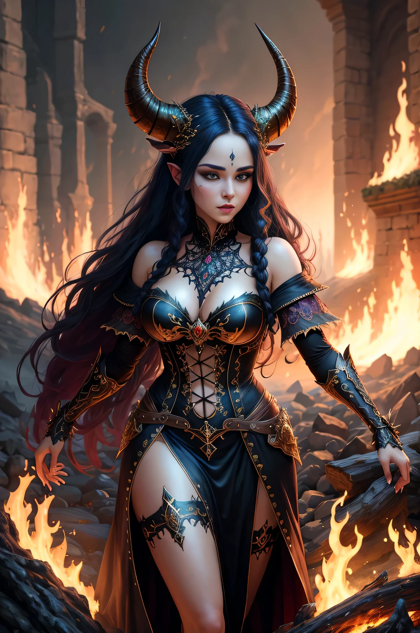 une femme avec des cornes et une robe se tient devant un feu, succube | medieval, intricate details, very detailed, detailed face, detailed eyes, Lilith, detailed background, Epic fantasy art style hd, epic and fantasy digital art style, Art fantastique 4k, art fantastique gothique, art de style fantaisie sombre, Epic fantasy art style, epic fantasy style art, art fantastique HD, epic and fantasy digital art