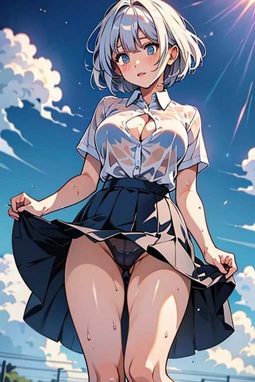 １８1  girl、Uniform skirt fluttering in the wind、beautiful feet、cloud、((thighs thighs thighs))、big and full breasts、((Wet and sheer white shirt))、wide open chest、(butt)、short hair、