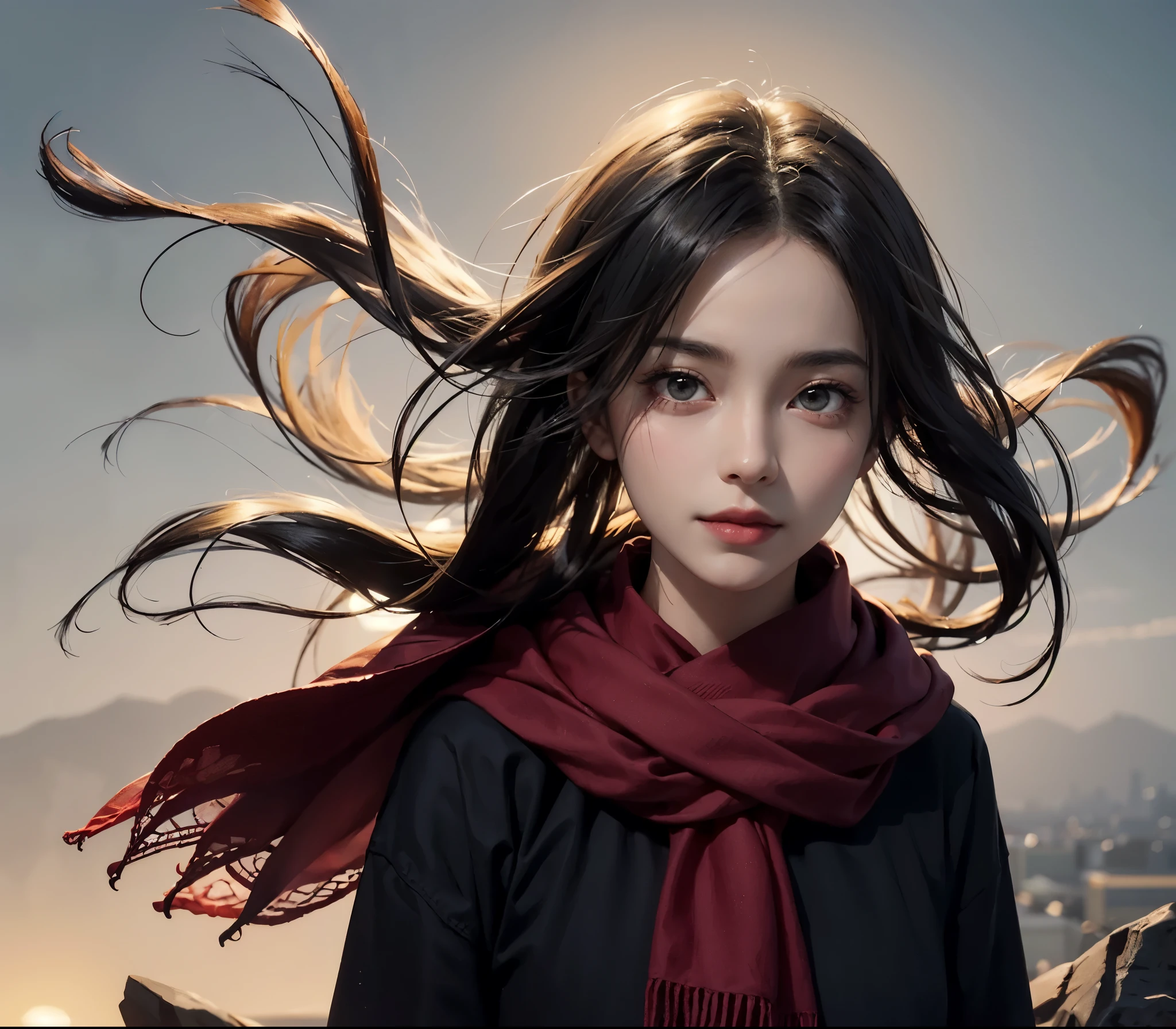 mikasa ackerman, female, antagonist, villain, teenager, handsome, vampire, mysterious, pale skin, narrow lips, black casual clothes, big eye, dark hair, symmetrical eyes, portrait, front face, black gray eyes, red scarf around neck, straight face, floating, wind blowing, symmetrical eyes, short hair with bangs, proud smile face, wide shot, soft light, dark background, dessert background,
