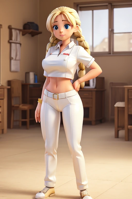 1girl, Blonde braided hair, squatting, dressed in Glossy White Leather, also she's a Nurse, on the battle field. gigantic breasts, full body shot from below, ctmp, abs