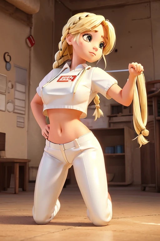 1girl, Blonde braided hair, squatting, dressed in Glossy White Leather, also she's a Nurse, on the battle field. gigantic breasts, full body shot from below, ctmp, abs