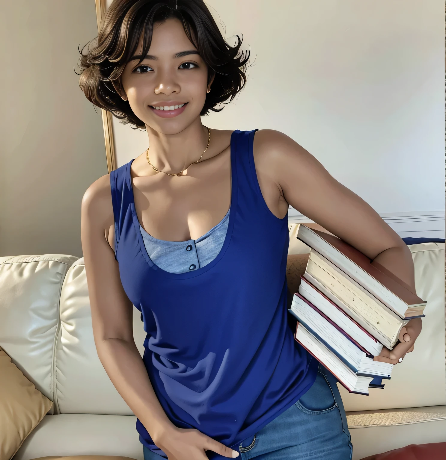 smiling woman holding a stack of books on the sofa, holding books, Sandra Chevier, taken on a 2000s camera, taken on a 2010s camera, taken on a 1990s camera, foto traseira, tirada em meados dos anos 2000, vestindo uma camisola