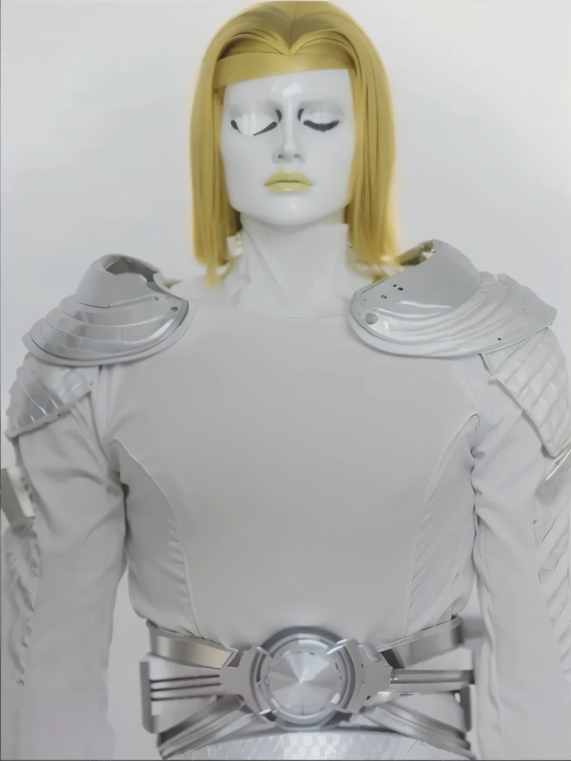 Homem, 40 anos de idade, cabelos loiros na altura dos ombros, white military clothing with shoulder pads that have a metallic watch on each shoulder. Uses felt with large round and metallic buckle. Detalhes  celestiais na roupa. Olhos verdes. In the background there are devices of a spaceship with windows that show outer space.