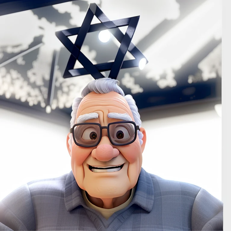 A wise old man standing in front, illuminated by the light of a lamp, tendo como pano de fundo uma biblioteca