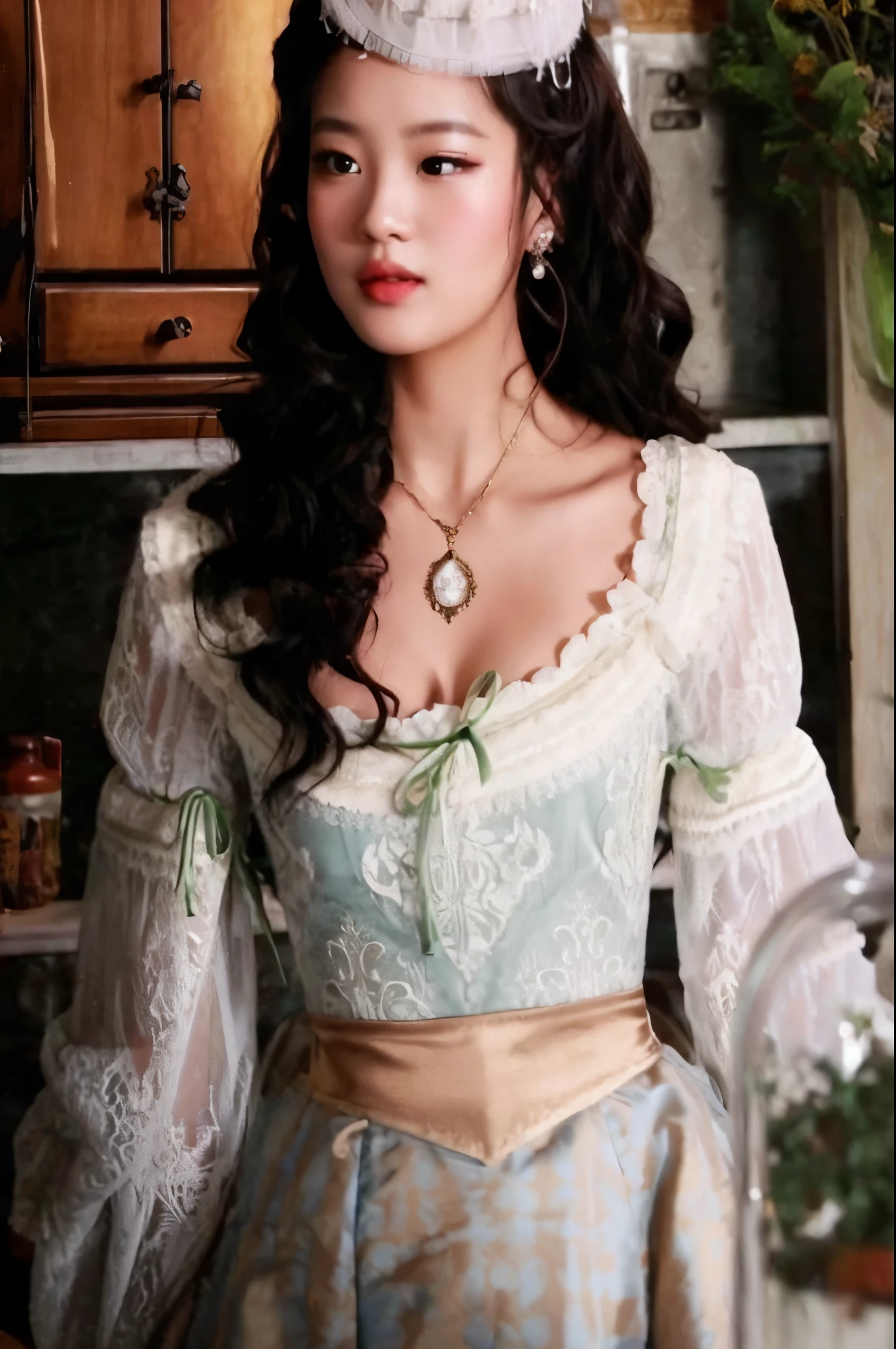 trimmed woman in dress and hat standing in a kitchen, Asian woman, Jennie Kim, non-rococo style dress, como um personagem de fantasia medieval, linda donzela, rococo queen, traje estilo vitoriano, Blackpink Jennie.