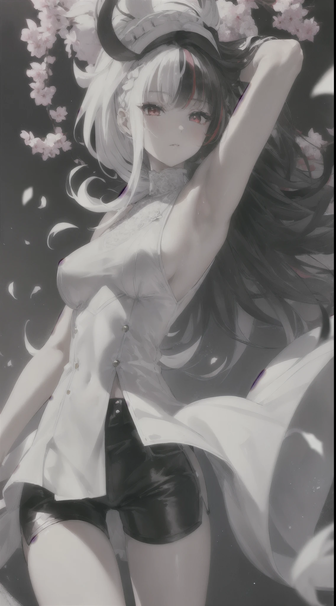 (1girl, solo:1.3), sexy, erotic, lewd, perfect face, detailed face, perfect body, long hair, lots of details, ultra sharp, ultra detailed, colorful, (white bolero), (tight shorts), luxury, sun light, flowers, (White black Hair gradient:1.5), red eyes, multicolored hair, two-tone hair, colored inner hair, (multicolored hair), (white hair (black hair):1.3)