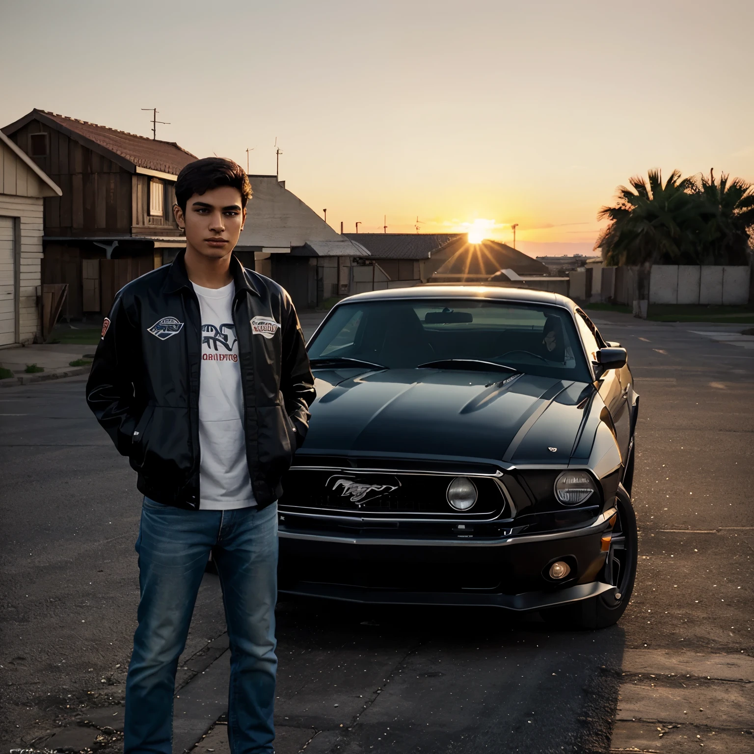 create a 3d illustration of a 21 year old boy wearing riding jacket "Datta" name written on back of the shirt, standinf in front of ford mustang 1969 at sunset