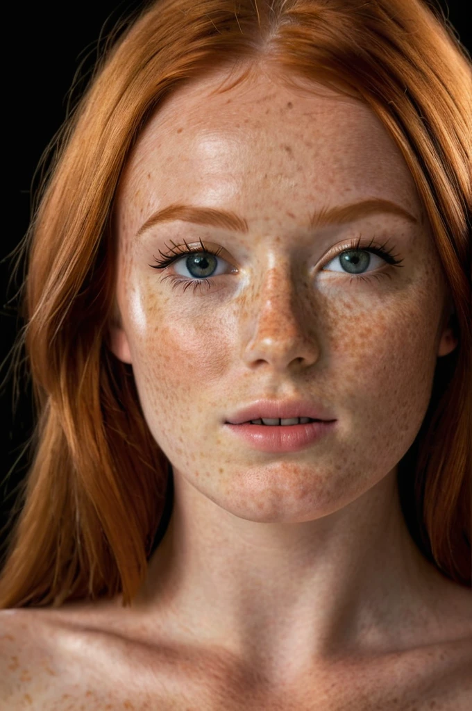 Professional photo of a beautiful young girl, beautiful face, glamor makeup, freckles, long red hair, thin body, large breasts, nude breast, simple black background, eye contact, looking at viewer, masterpiece, best quality, perfect detail, perfect face detail, perfect eye detail, perfect skin detail, depth of field, perfect lighting
