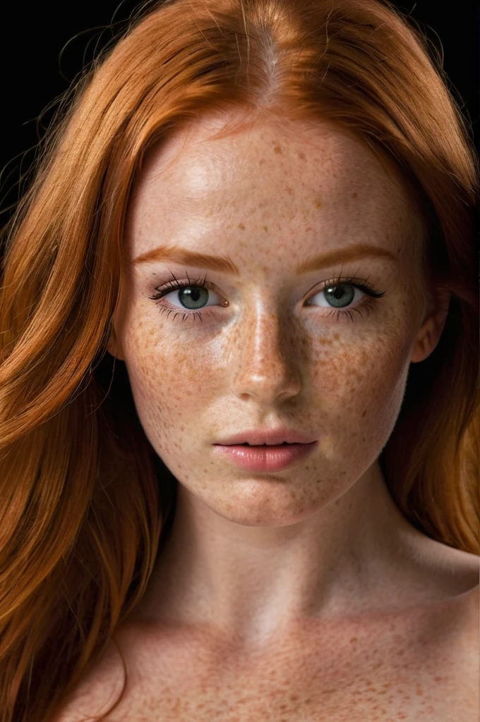 Professional photo of a beautiful young girl, beautiful face, glamor makeup, freckles, long red hair, thin body, large breasts, nude breast, simple black background, eye contact, looking at viewer, masterpiece, best quality, perfect detail, perfect face detail,  perfect eye detail, perfect skin detail, depth of field, perfect lighting