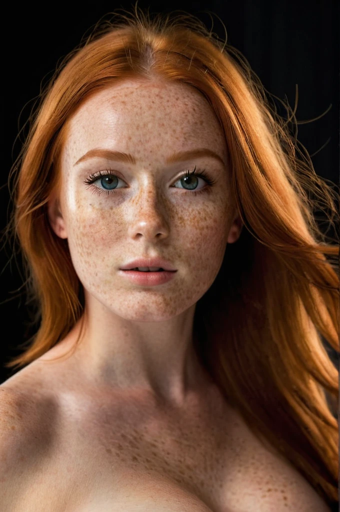 Professional photo of a beautiful young girl, beautiful face, glamor makeup, freckles, long red hair, thin body, large breasts, nude breast, simple black background, eye contact, looking at viewer, masterpiece, best quality, perfect detail, perfect face detail, perfect eye detail, perfect skin detail, depth of field, perfect lighting