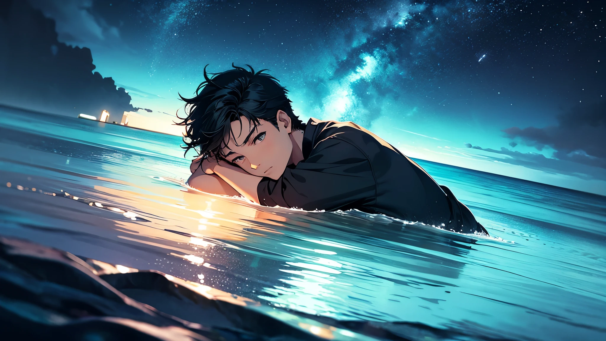 a boy who's emotionless laying on his back at the middle of the ocean at night