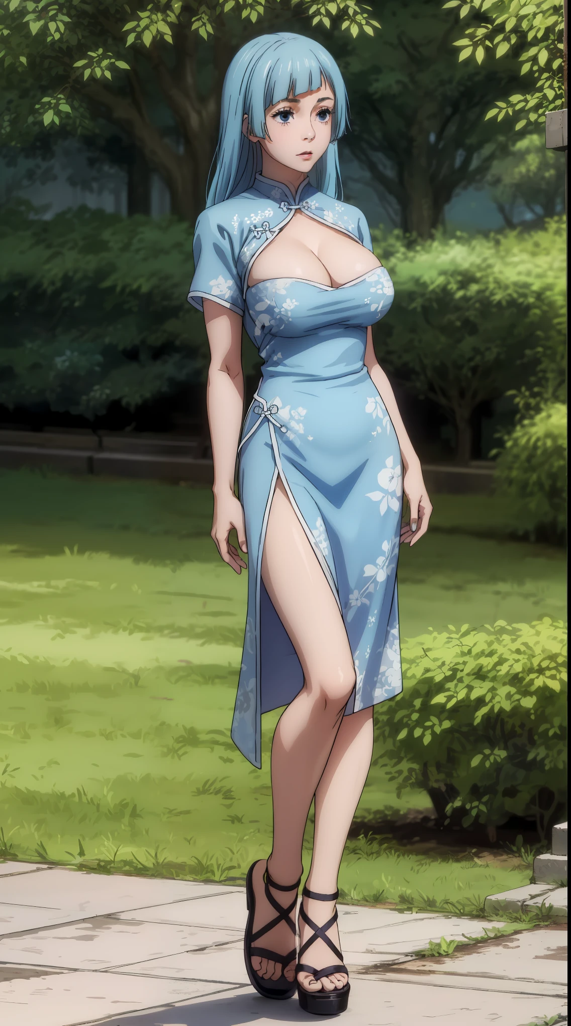 girl, solo, full body, standing, from head to toe, (huge_Breasts), short skirt,
in Garden background, garden,
Kasumi, blue hair, long hair, blue eyes, blunt bangs, Chinese dress, sexy Chinese's dress, cleavage,