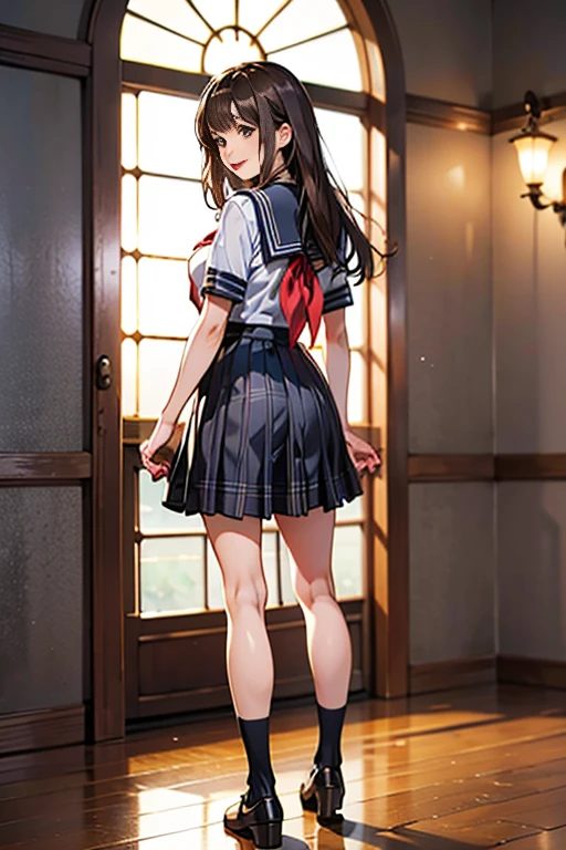 1 girl, solo, indoors, long haired person, serafuku, see the beholder, black haired, back arm, pleated skirt, neckerchief, Plaid, Plaidのスカート, sailor collar, short sleeve, brown eyes, Day, red neckerchief, standing, brown hair, realistic, highest quality, Super high resolution, (Photoreal:1.4), perfect light, , split lips, thighs thighs thighs, Full body Esbian, highest quality, Super high resolution, (Photoreal:1.4),big and full breasts、laughter、lipstick、exterior々Pause、laughter、Beautiful woman、photostudio、gray wall、look at the camera、long legs、thighs thighs thighs、