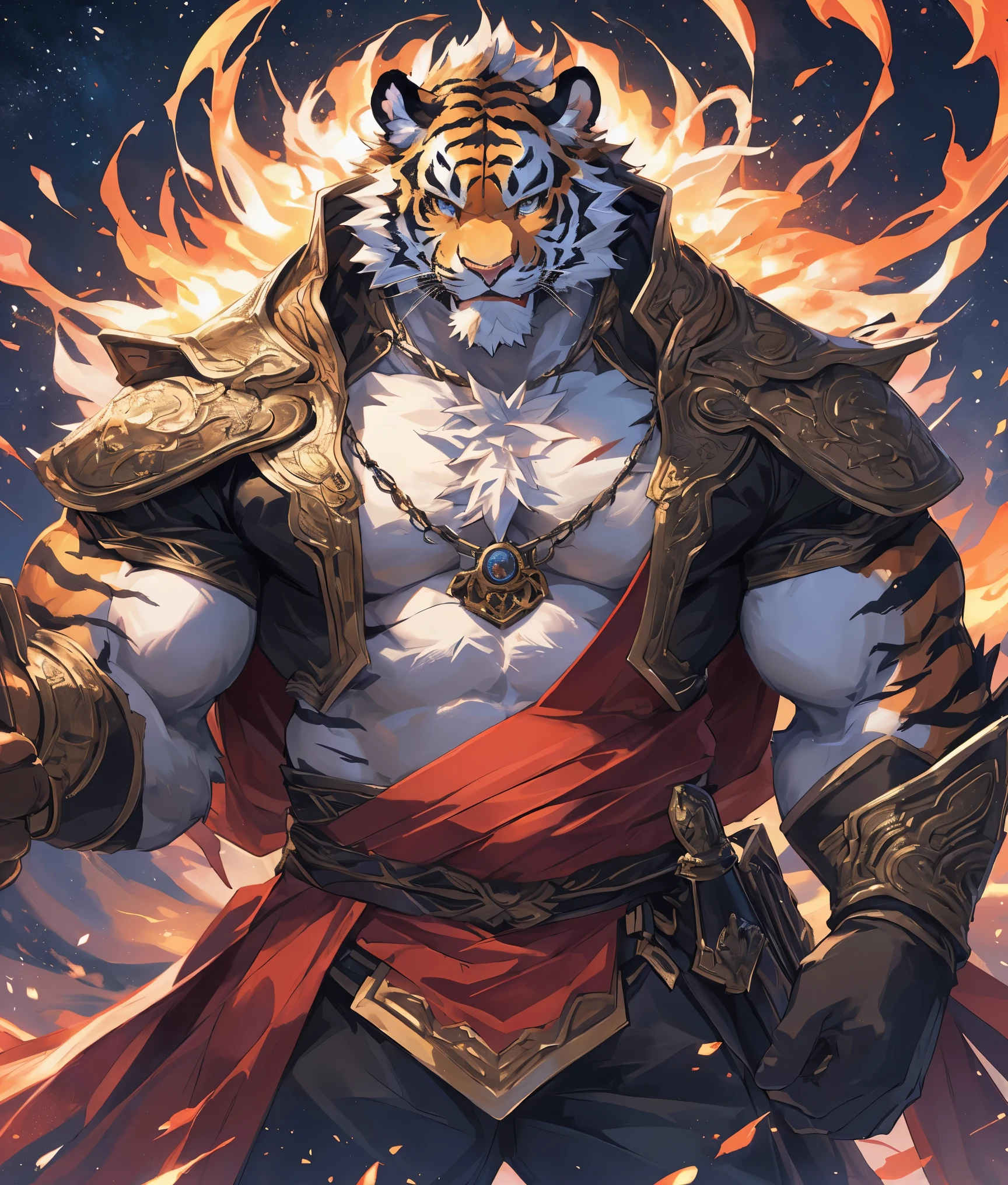 Close-up of cartoon character with big chest muscles, anthropomorphic tiger, tiger_beast, Detailed fanart, high resolution committee, Tik, Very detailed的精美扇子艺术, Strike a hot and majestic pose, Detailed and colorful, Fat ripped satanic creature, Very detailed!, pov furry art, Handsome Japanese devil boy, Inspired by Tawaraya Sotatsu,Gorgeous costumes