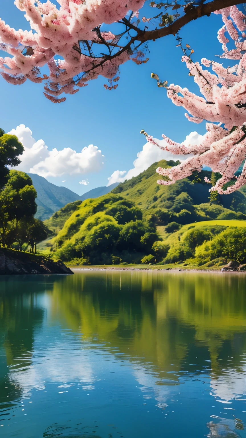 a sunny spring morning, flores, lago, brilho do sol,