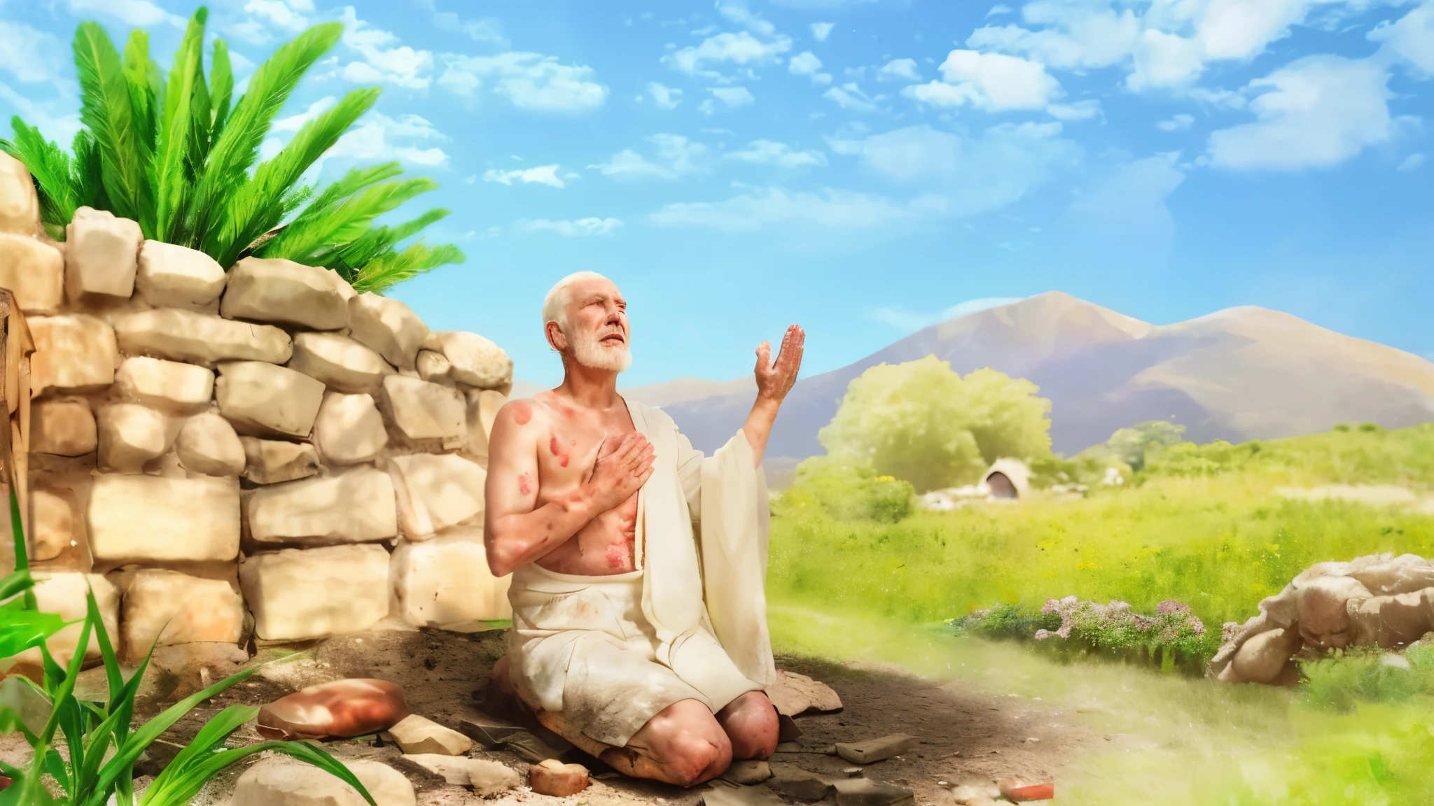 an old man (praying:1.3) Old man, wrinkled face, white hair, (facial focus:1.2), (old man with wounds cottage:1.4) under trees, looking at the sky, realistic, work of art, Highest quality, backlight, (lens flare:1.1), (bloom:1.1), (chromatic aberration:1.1), by Jeremy Lipking, by Antonio J.. Manzanedo