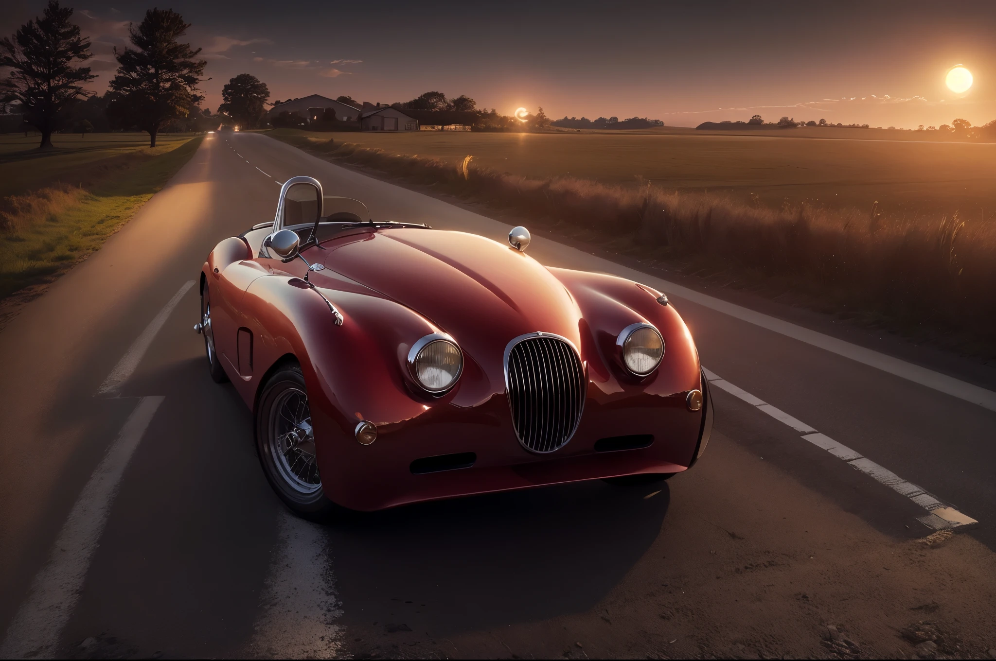 A red Jaguar XK 150 Speedster convertible with its headlights on and on on a country road surrounded by greenery with the moon shining in the star-filled sky