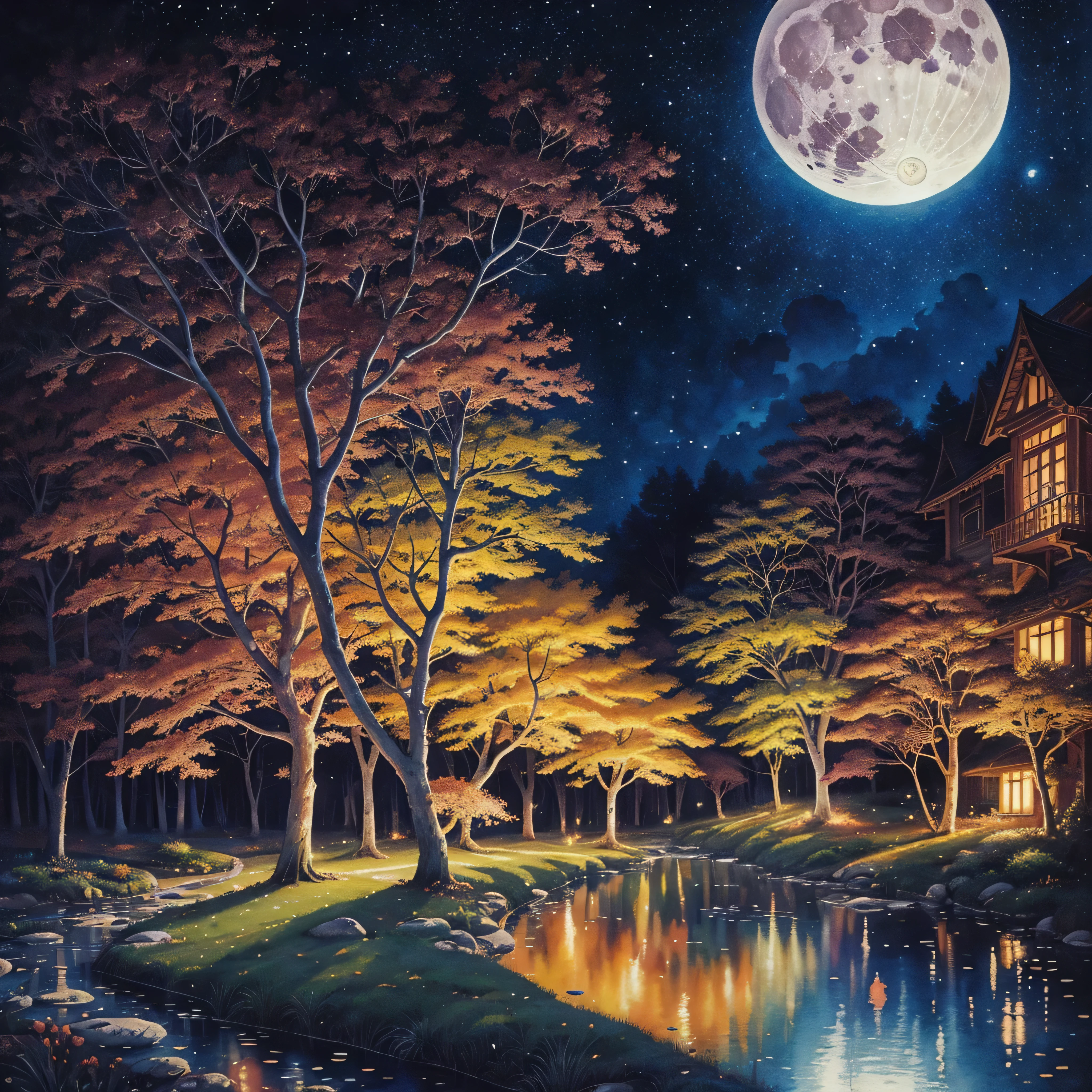Kim Soo-ja, stunning watercolor patchwork, Kandinsky dot line drawing, very detailed, very elaborate, beautiful, vivid, high quality, colorful, trees, full moon, fantastic - Daniel Merriam, Iwona Lifches, Alex Alemany, Credit to Tho Mood, by Sooja