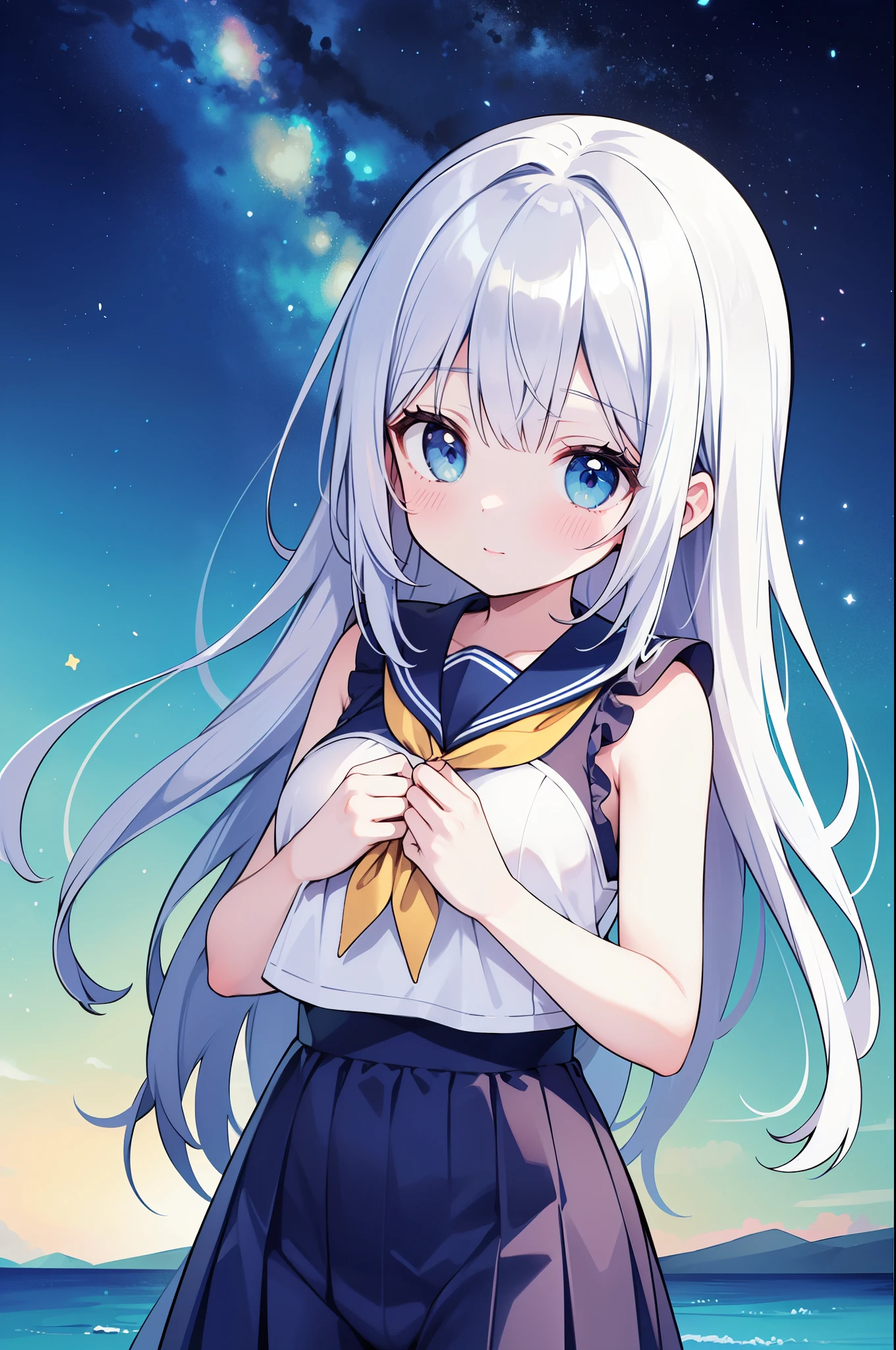 (masterpiece)、(highest quality)、((Super detailed))、(super delicate)、cute、Pastel colors hair、beautiful breasts、Gorgeous、fantastic sea of stars、Gold, silver, and deep blue sailor suit