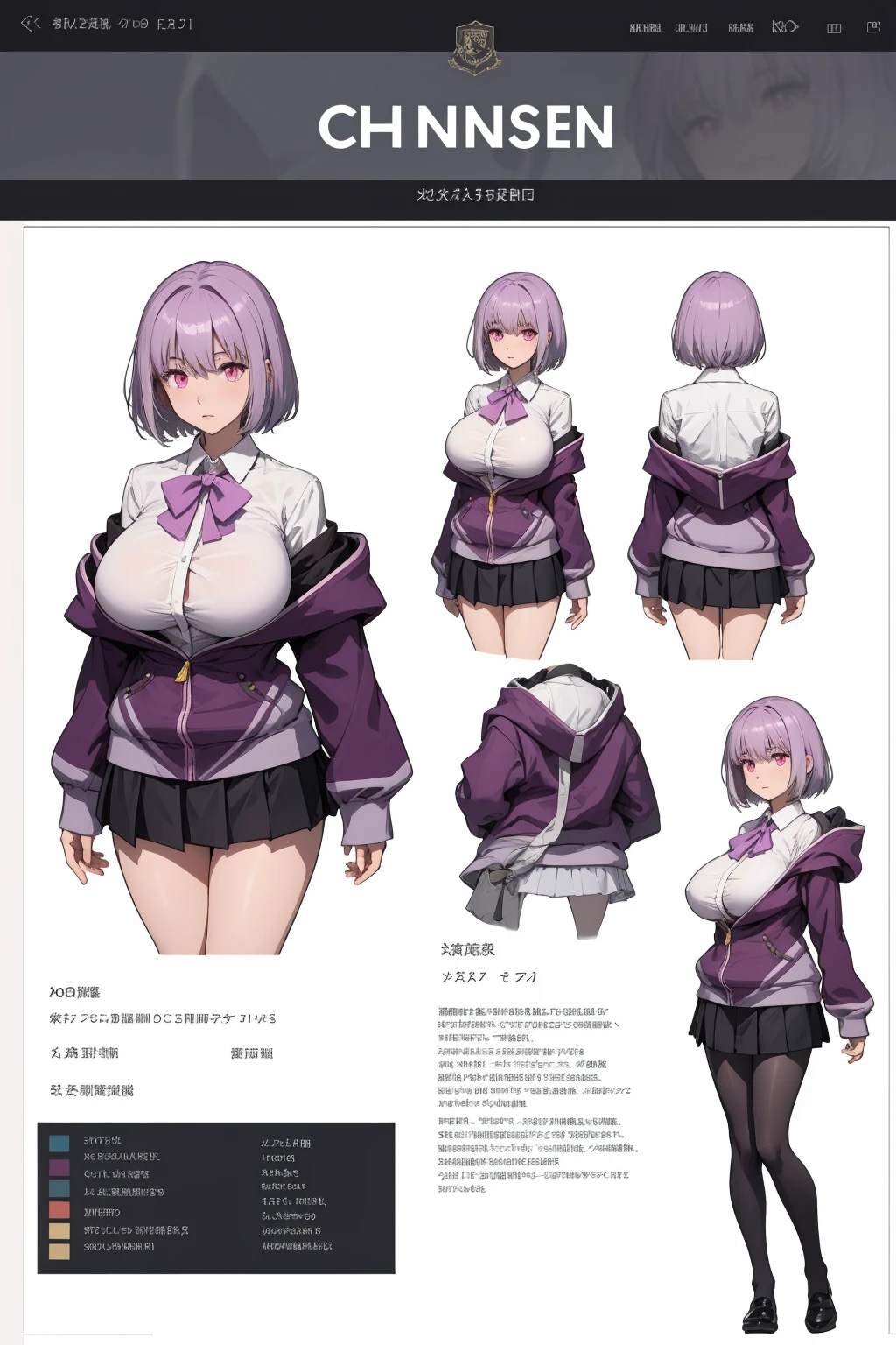 girl, solo, full body, from head to toe, standing, (Huge_Breasts:1.3), short skirt,
Character Design Sheet, character reference sheet, character turn around,
shinjou akane, light purple hair, (pink eyes:1.2), short hair,
black pantyhose, bow, collared shirt, hood, hooded jacket, jacket, open clothes, open jacket, open shirt, pantyhose, purple bow, purple jacket, school uniform, shirt, sleeves past wrists, unbuttoned shirt, white shirt,