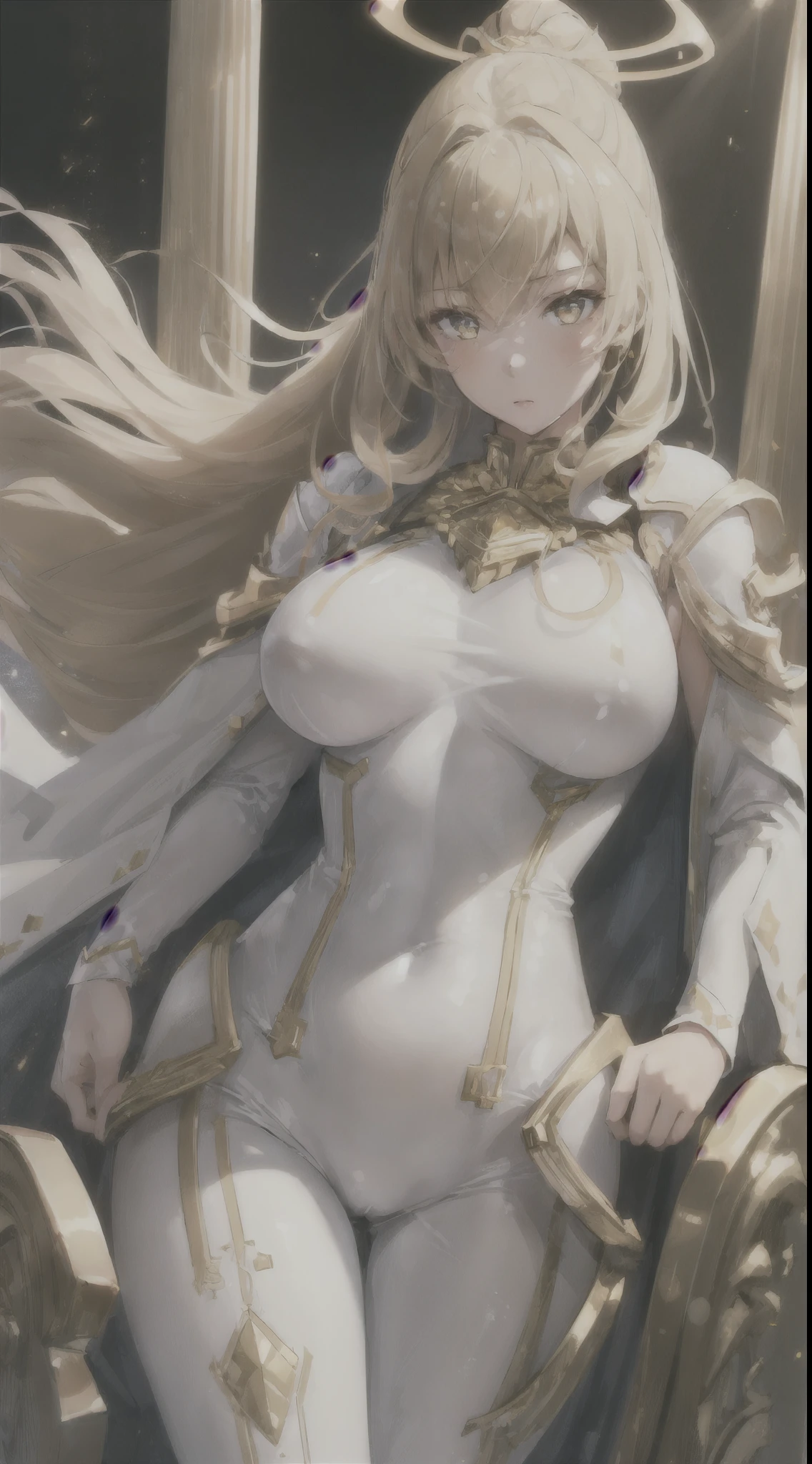 (1girl, solo:1.3), shining, (light in eyes), light in hands, (light from the chest), soft sun light, bright light background, sexy, erotic, lewd, perfect face, detailed face, golden eyes, gold hair, (white body suit), perfect body, huge , long hair, lots of details, ultra sharp, ultra detailed, colorful