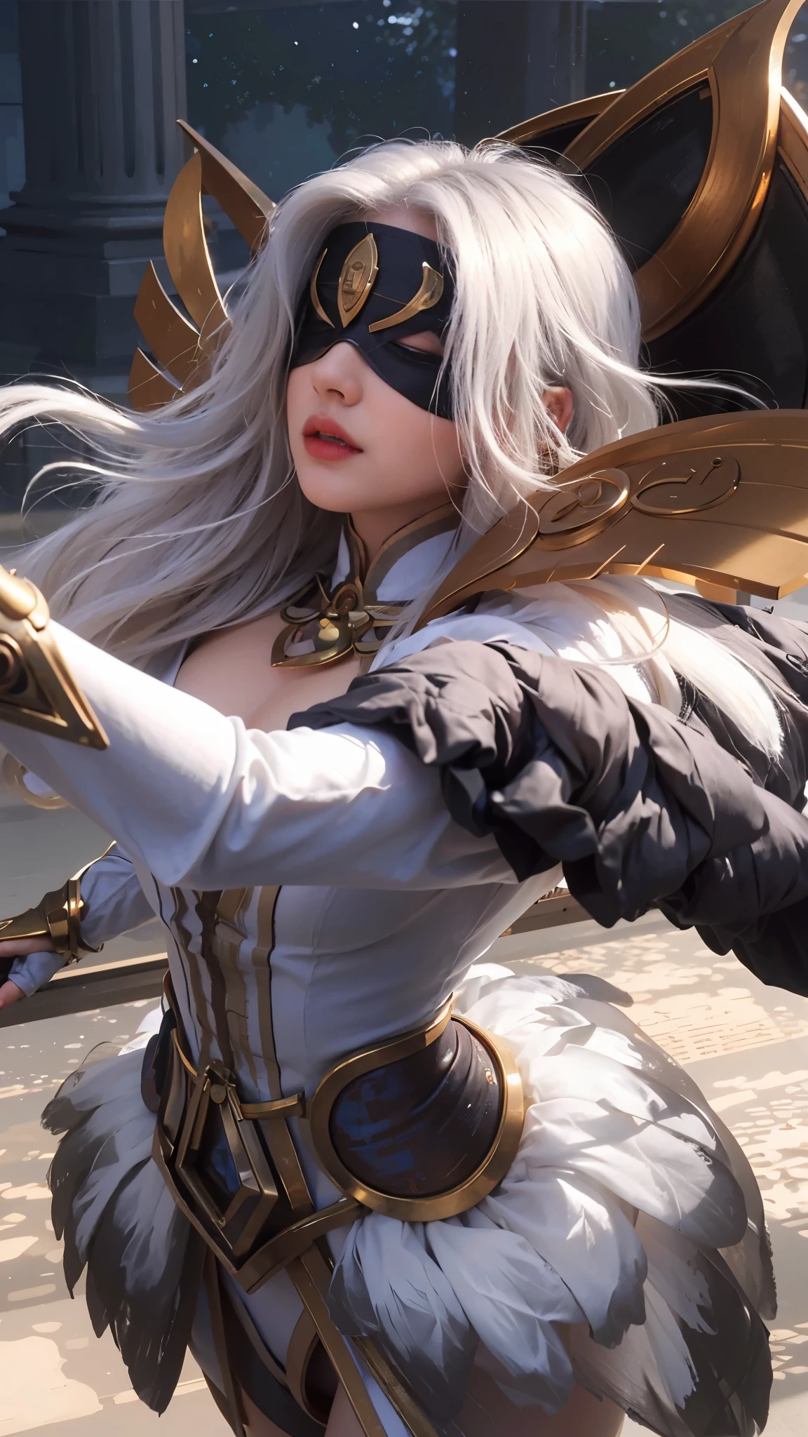 (photorealistic:1.4), best quality, masterpiece, ultra high res, 1girl, (detailed face:1.2), (detailed eyes:1.2), (detailed hair:1.2), (detailed clothes:1.2), 4k, (detailed color:1.2), (girl with blindfold:1.2), (blind), armpits, realistic, 1girl, white hair, wearing a red blindfold, parted lips