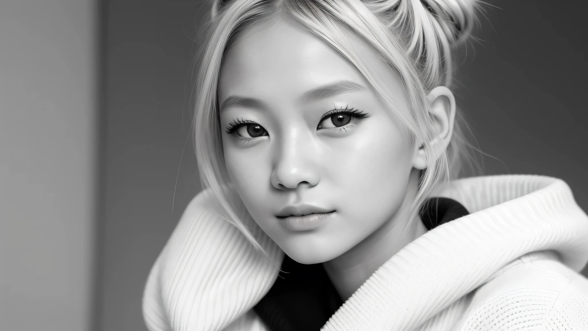 black and white photo of a girl kids blonde hair bun with a sweater on and glass, portrait black and white, close up portrait photo, black and white portrait, 1 3 5 mm nikon portrait, beautiful portrait photo, studio potrait, taejune kim, seseon yoon, jaeyeon nam, kids model, editorial KIDS portrait, high detail portrait photo,