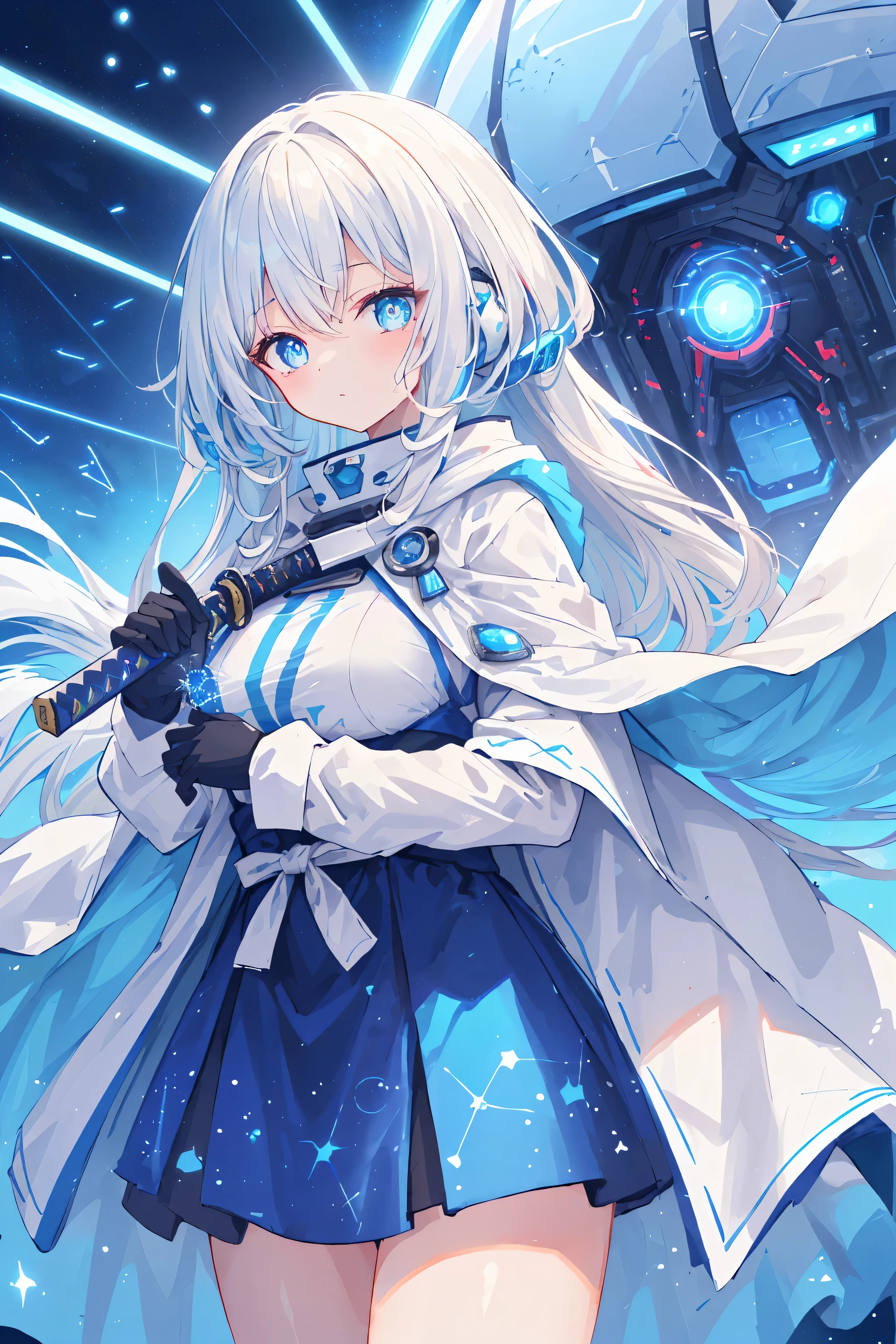 (chef-d'œuvre, meilleure qualité, détail hyper élevé, style d'anime,HDR,8K,science-fiction)(ambiance de science-fiction, Fille aux cheveux blancs tenant un katana laser bleu, Fait de particules bleues,Porter un manteau bleu et blanc,Pupille bleue), (Décoration de motif électronique de science-fiction bleu simple), (Immense espace bleu de science-fiction en arrière-plan)