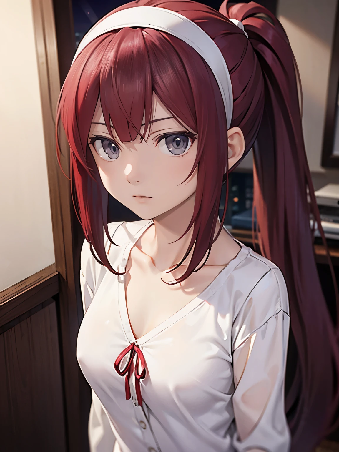 Burgundy hair, long hair, ponytail, medium chest, white pajamas, light gray eyes, sharp eyes, bangs, white hairband, apartment, night, biridere, straight face, large chest