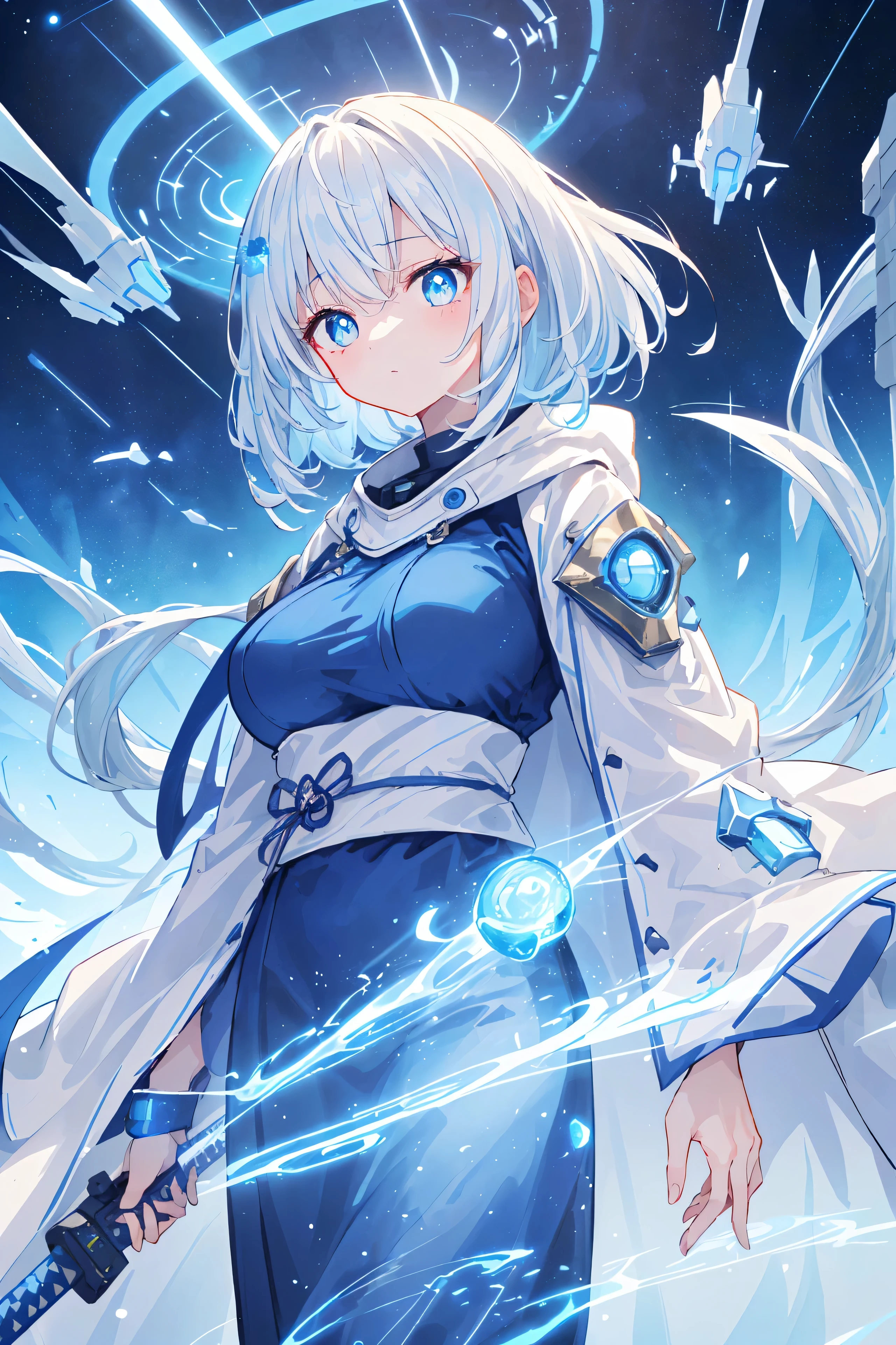 (chef-d&#39;œuvre, meilleure qualité, détail hyper élevé, style d&#39;anime，HDR，8K，science-fiction)(ambiance de science-fiction, Fille aux cheveux blancs tenant un katana laser bleu, Fait de particules bleues，Porter un manteau bleu et blanc，Pupille bleue), (Décoration de motif électronique de science-fiction bleu simple), (Immense espace bleu de science-fiction en arrière-plan)