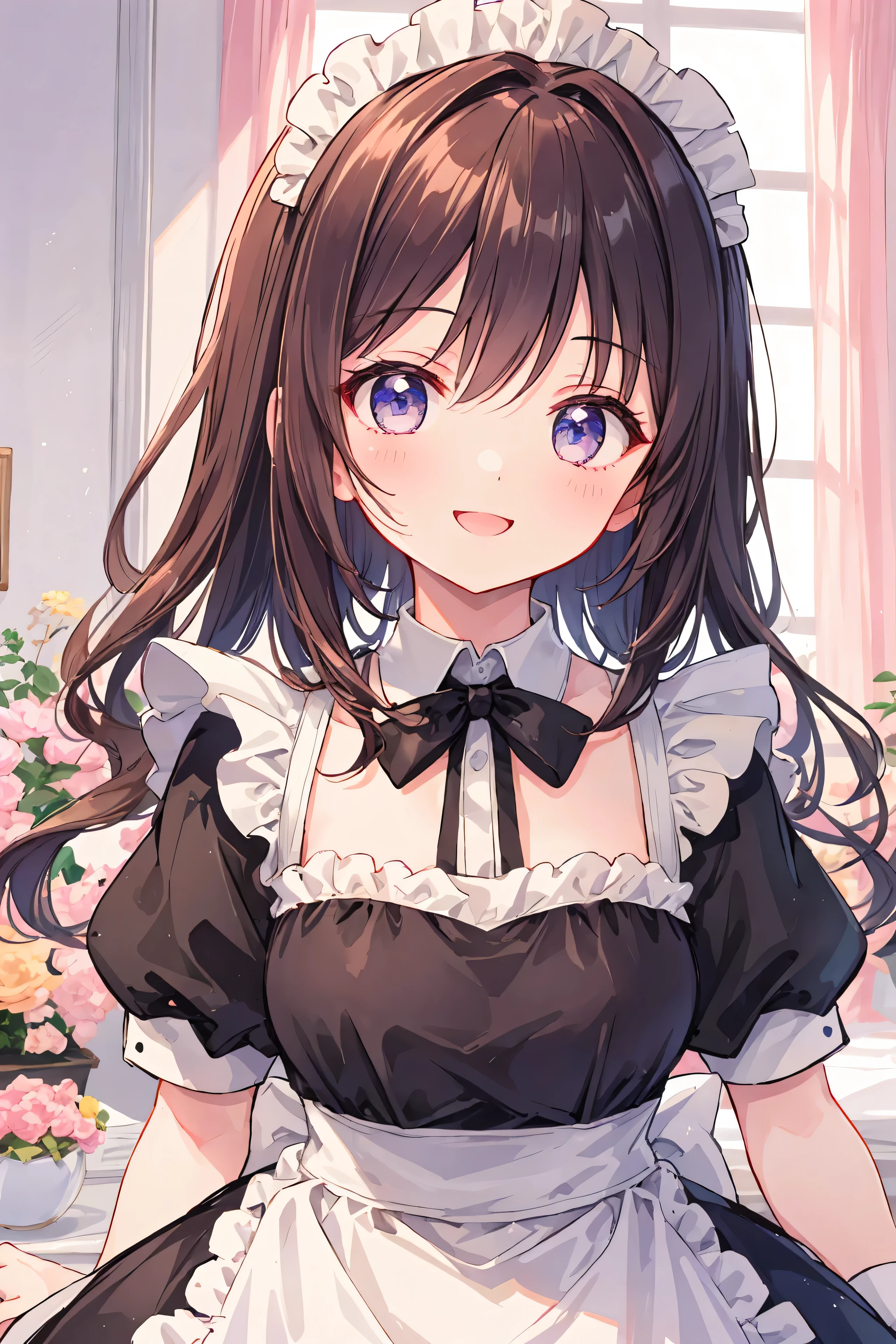 belle fille、Maid Café、vêtements de femme de chambre、Le haut du corps est montré、Sourire éblouissant、