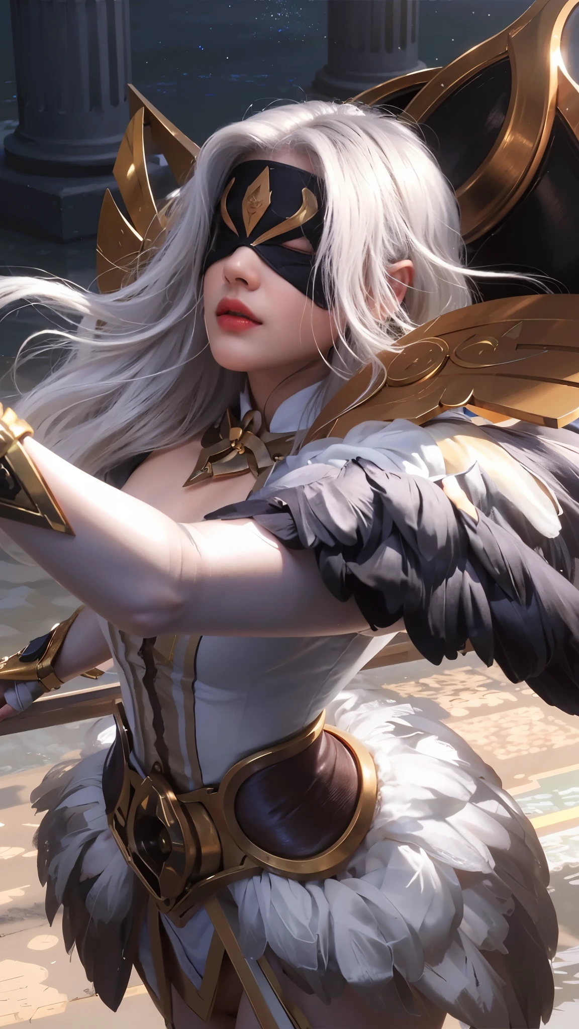 (photorealistic:1.4), best quality, masterpiece, ultra high res, 1girl, (detailed face:1.2), (detailed eyes:1.2), (detailed hair:1.2), (detailed clothes:1.2), 4k, (detailed color:1.2), (girl with blindfold:1.2), (blind), armpits, realistic, 1girl, white hair, wearing a red blindfold, parted lips
