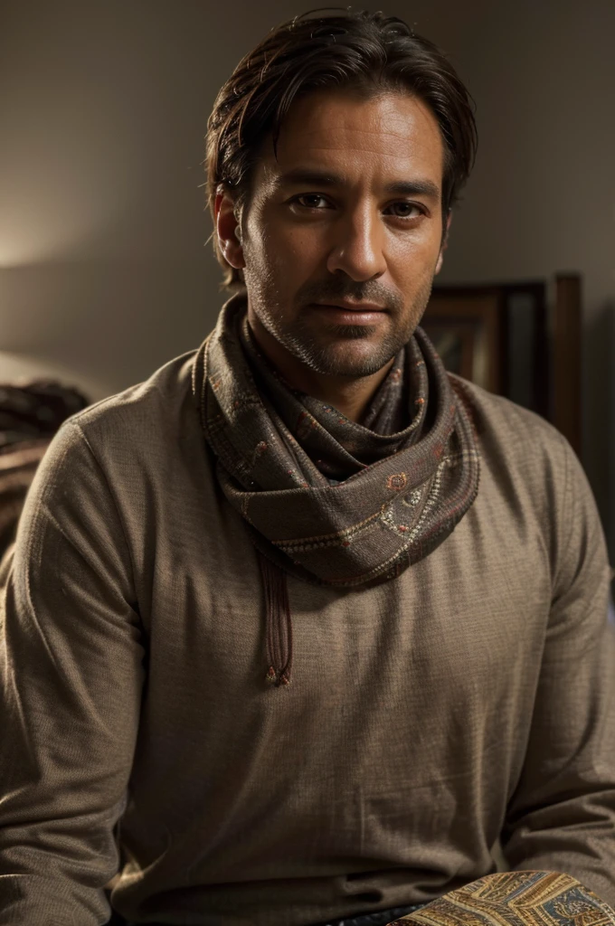 (best quality,4k,8k,highres,masterpiece:1.2),ultra-detailed,(realistic,photorealistic,photo-realistic:1.37),man with a scarf, sitting on a bed, about 35 years old, closeup, handsome, depth of field, room lighting