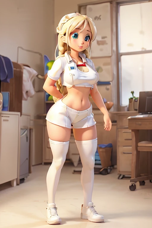 1girl, Blonde braided hair, (squatting), dressed in Glossy White Leather, also she's a Nurse, on the battle field. gigantic breasts, ctmp, abs