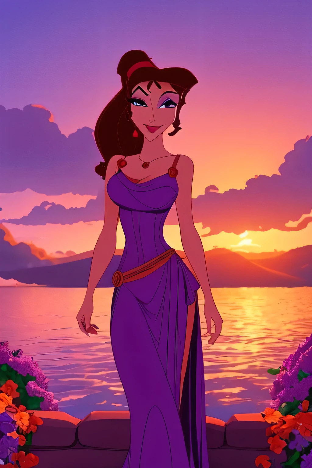 1 girl brunette Megara, wearing long purple greek dress, disney animation style, best quality, digital art, 2D, in paradise surrounded by orange clouds