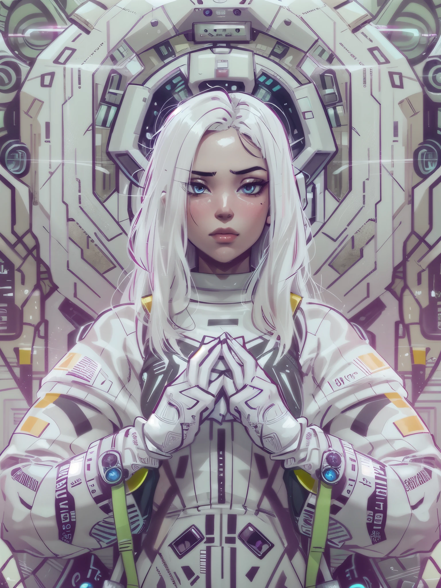 1monk warrior girl with white techwear clothes, white long hair, laces, abstract vintage scifi background